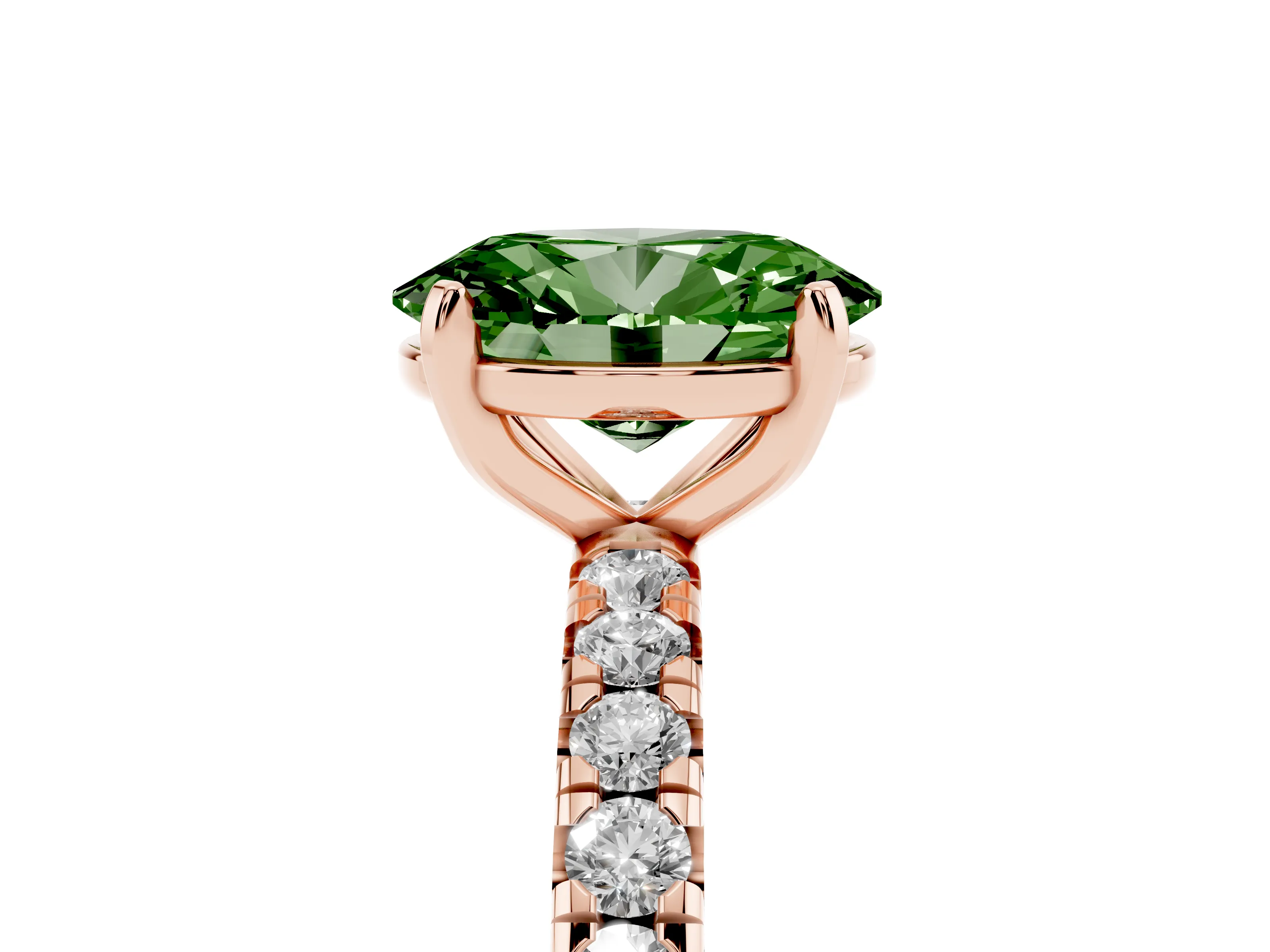 Fancy Green Oval Cut Diamond Pavé Solitaire Ring Set in Rose gold with Round Band and Prong Setting