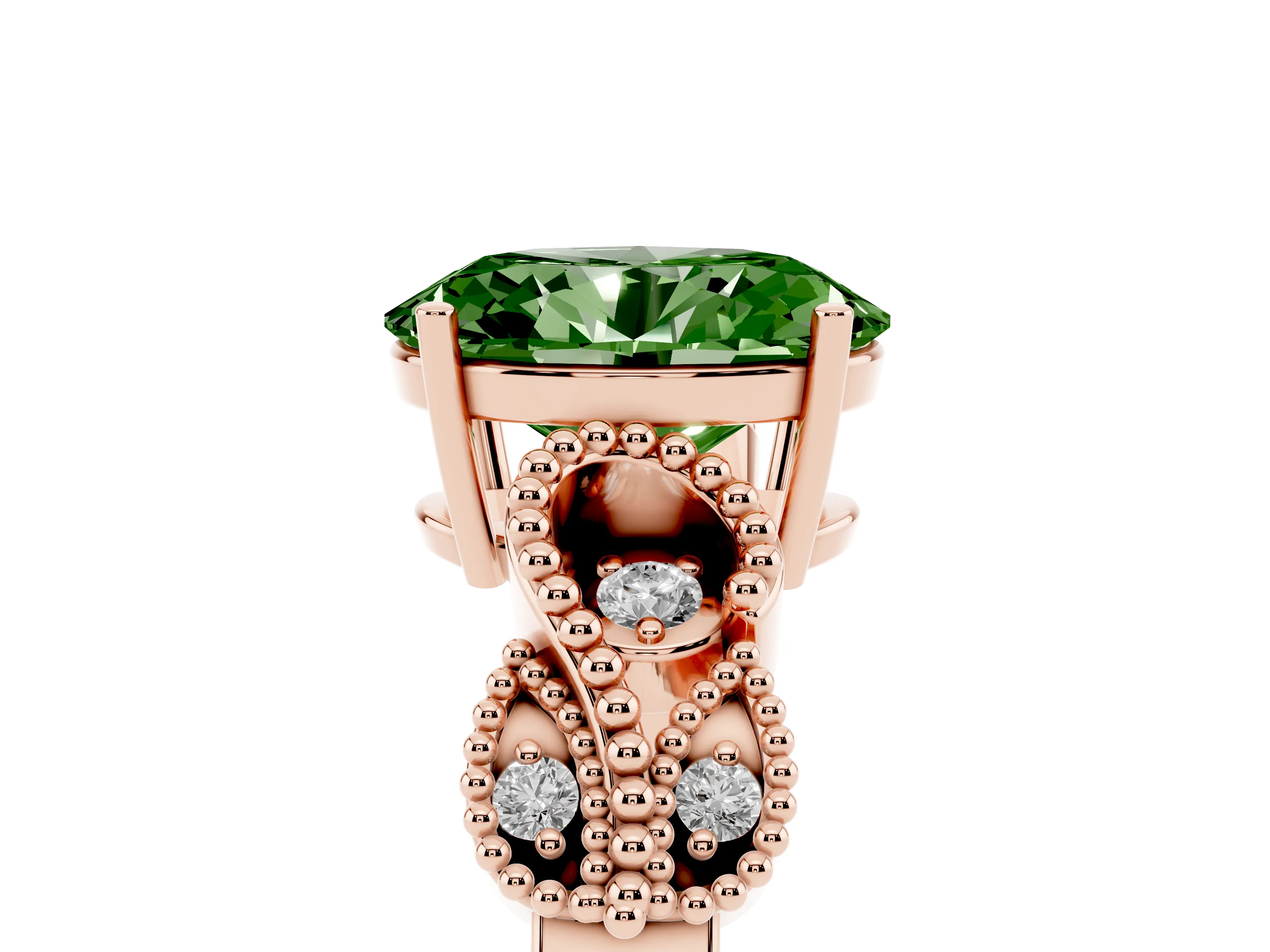 Fancy Green Oval Cut Diamond Milgrain Leaf Band Solitaire Ring Set in Rose gold with Accent Stones and Prong Setting