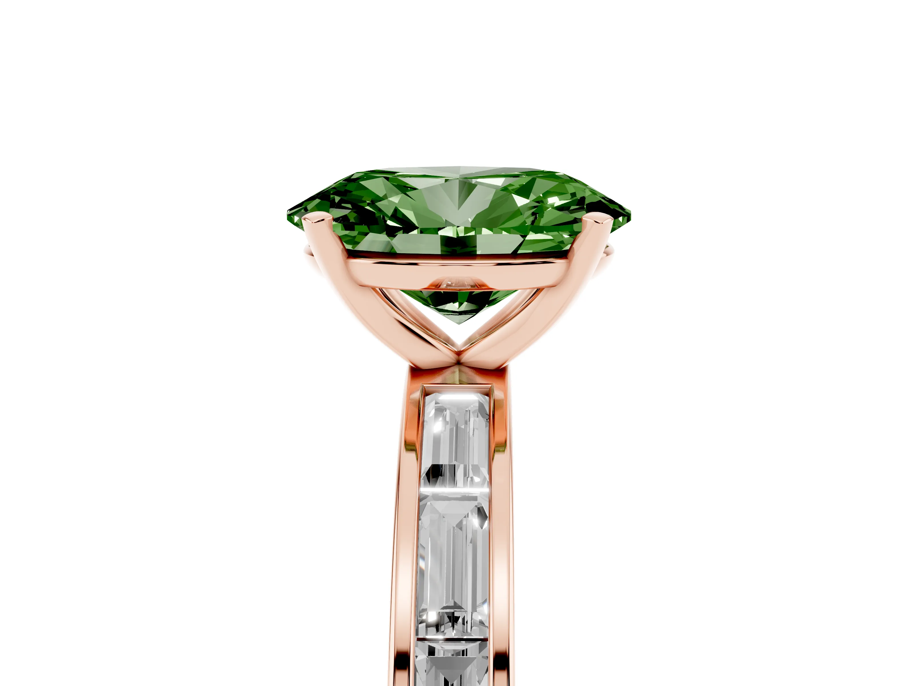 Fancy Green Oval Cut Diamond Solitaire Ring Set in Rose gold with Channel-Set Baguette Band and Prong Setting