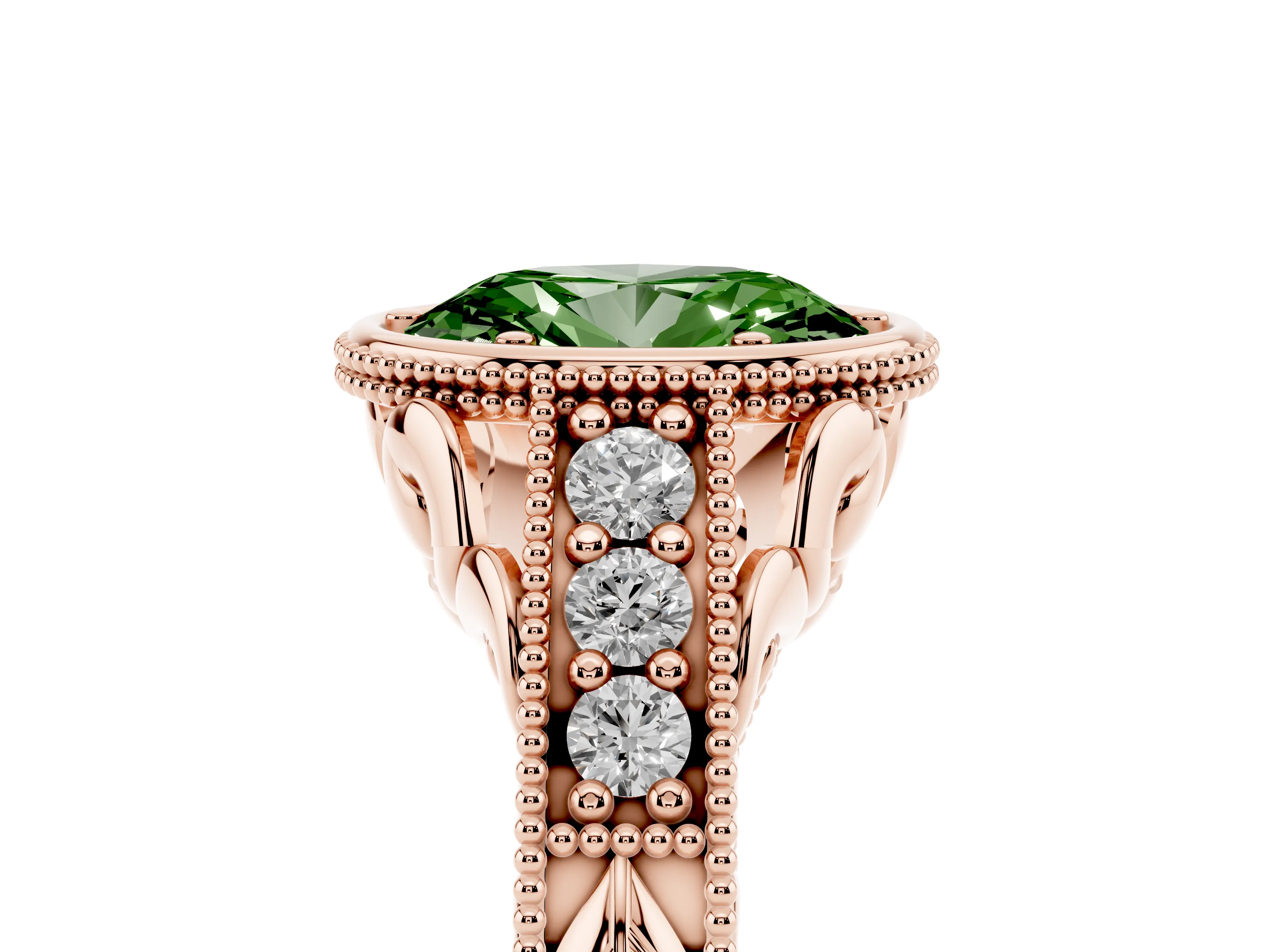 Fancy Green Bezel Set Oval Cut Diamond Milgrain Pavé Engagement Ring Set in Rose gold