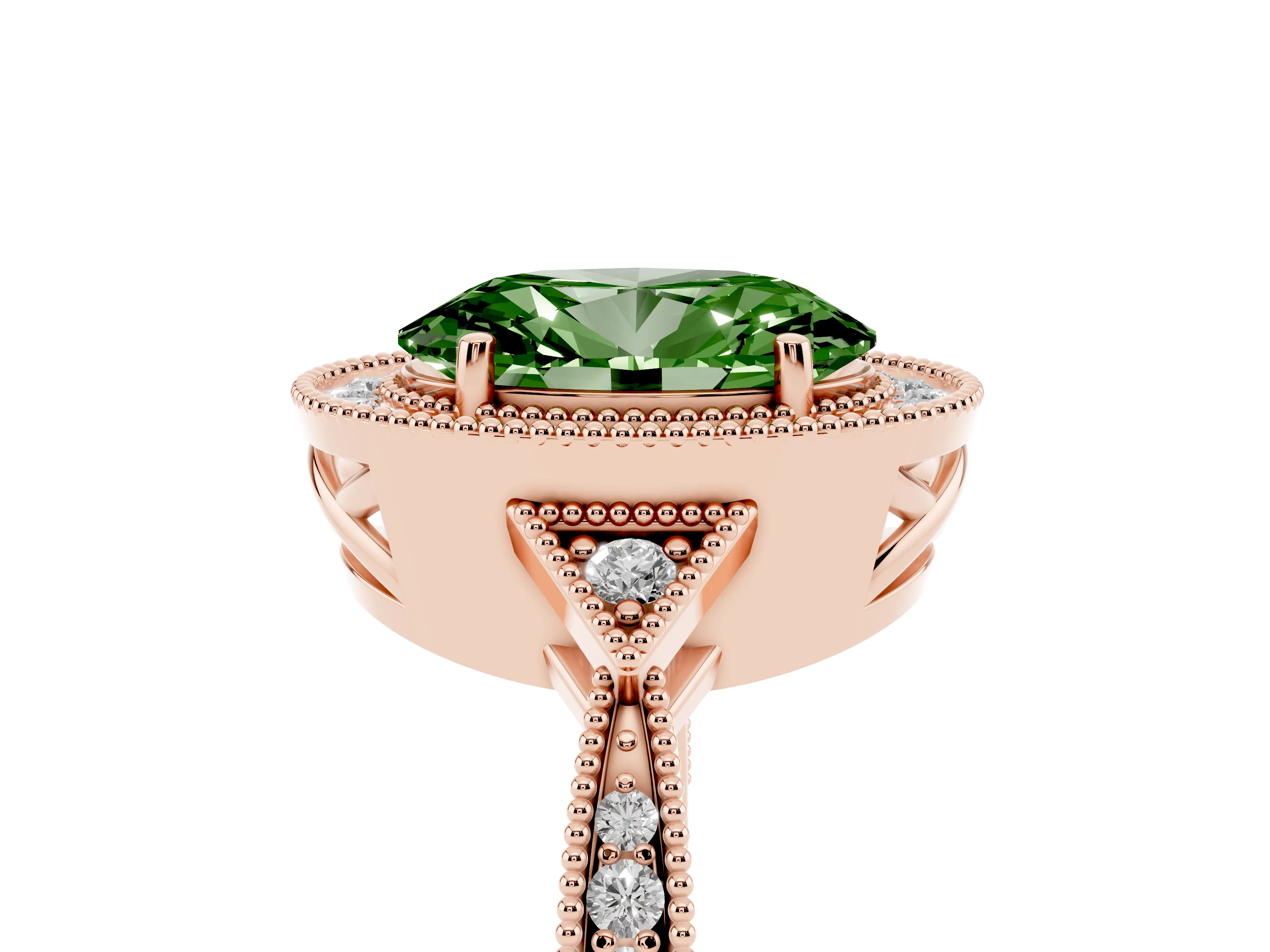 Fancy Green Oval Cut Diamond Halo Engagement Ring Set in Rose gold with Milgrain Pavé Band