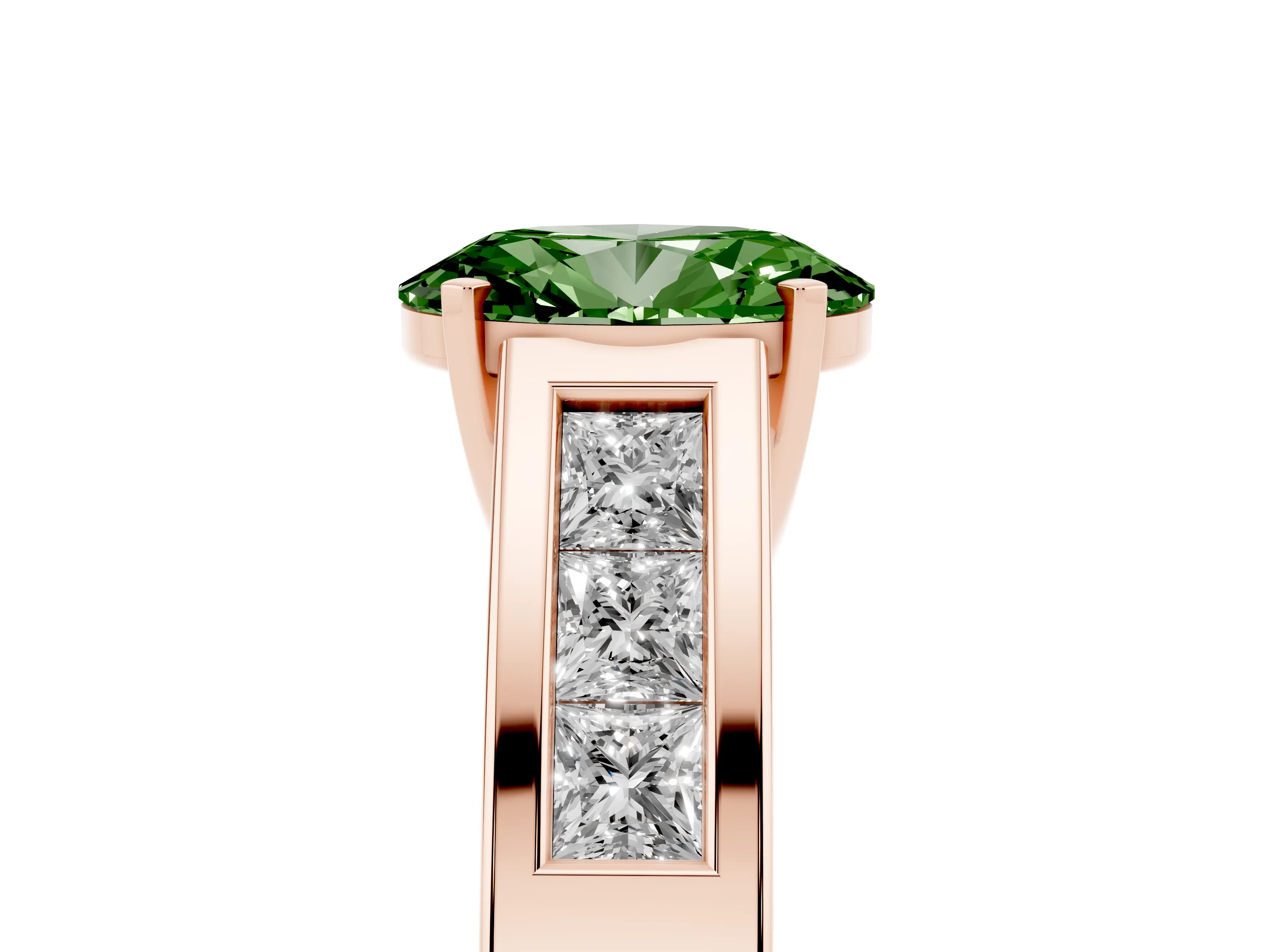 Fancy Green Oval Cut Diamond Solitaire Ring Set in Rose gold with Channel-Set Accent Stones and Prong Setting