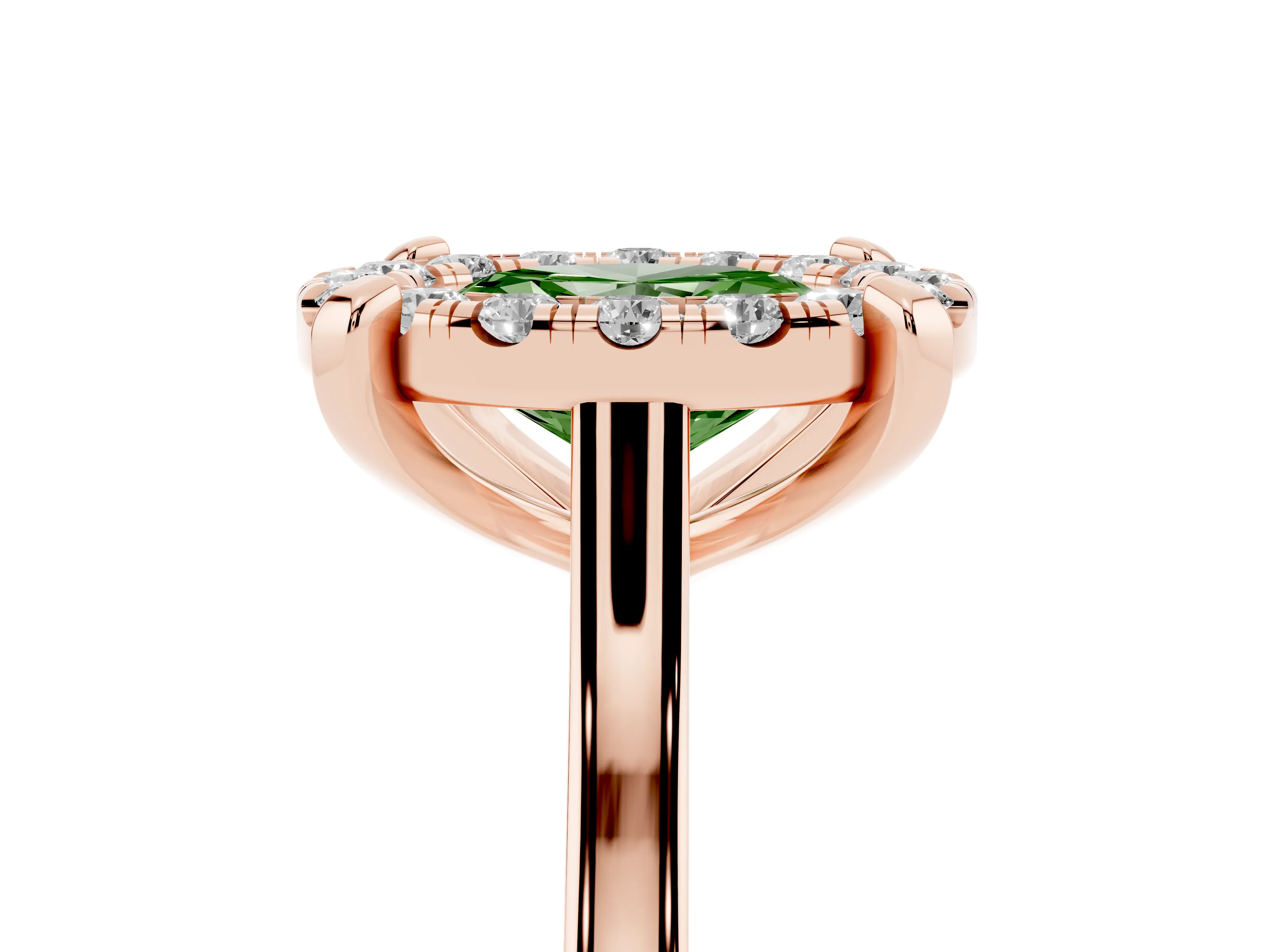 Fancy Green Oval Cut Diamond Cluster Halo Solitaire Ring Set in Rose gold with Prong Setting