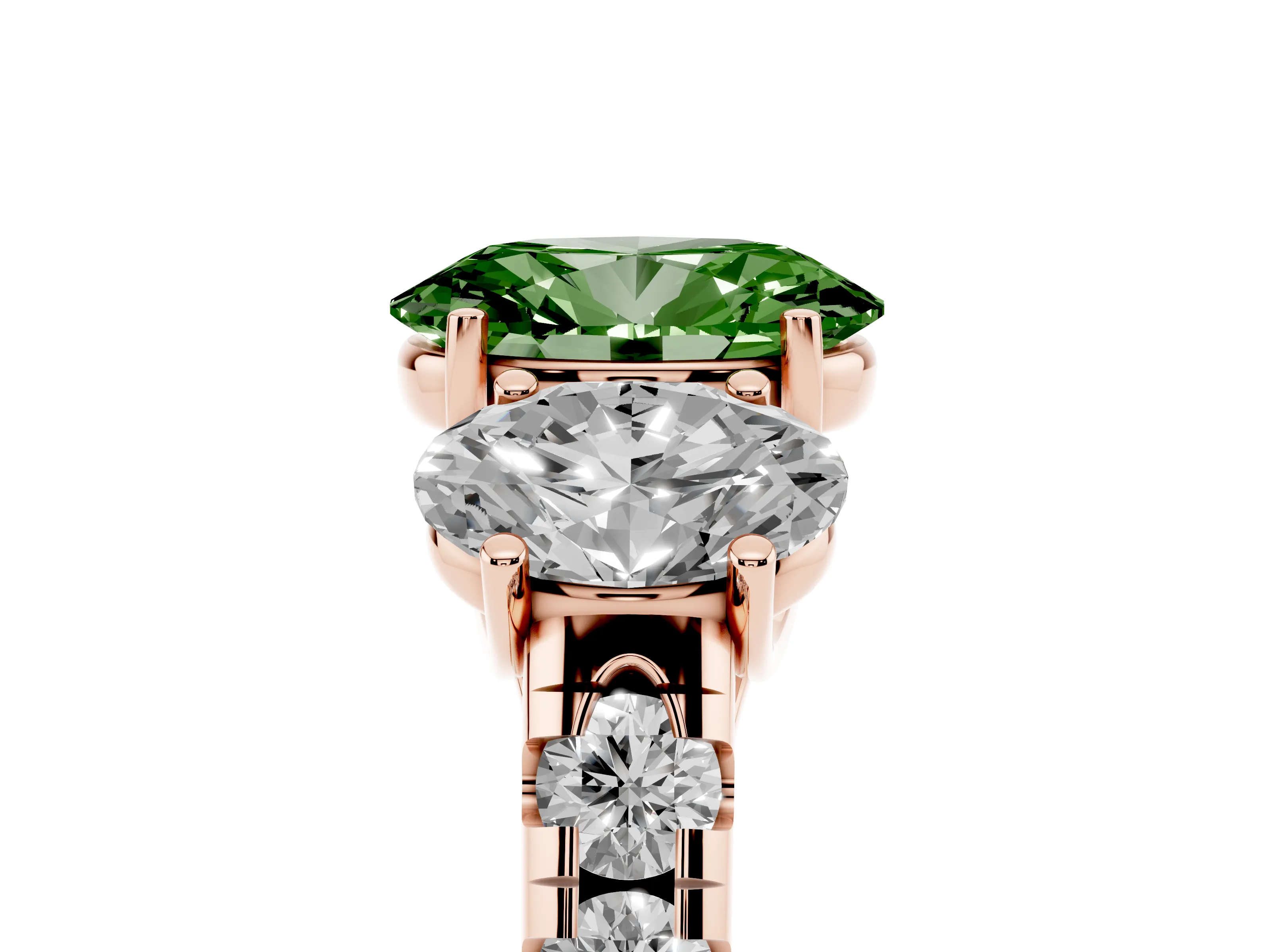 Fancy Green Oval Cut Diamond Three-Stone Ring Set in Rose gold with Pavé Band