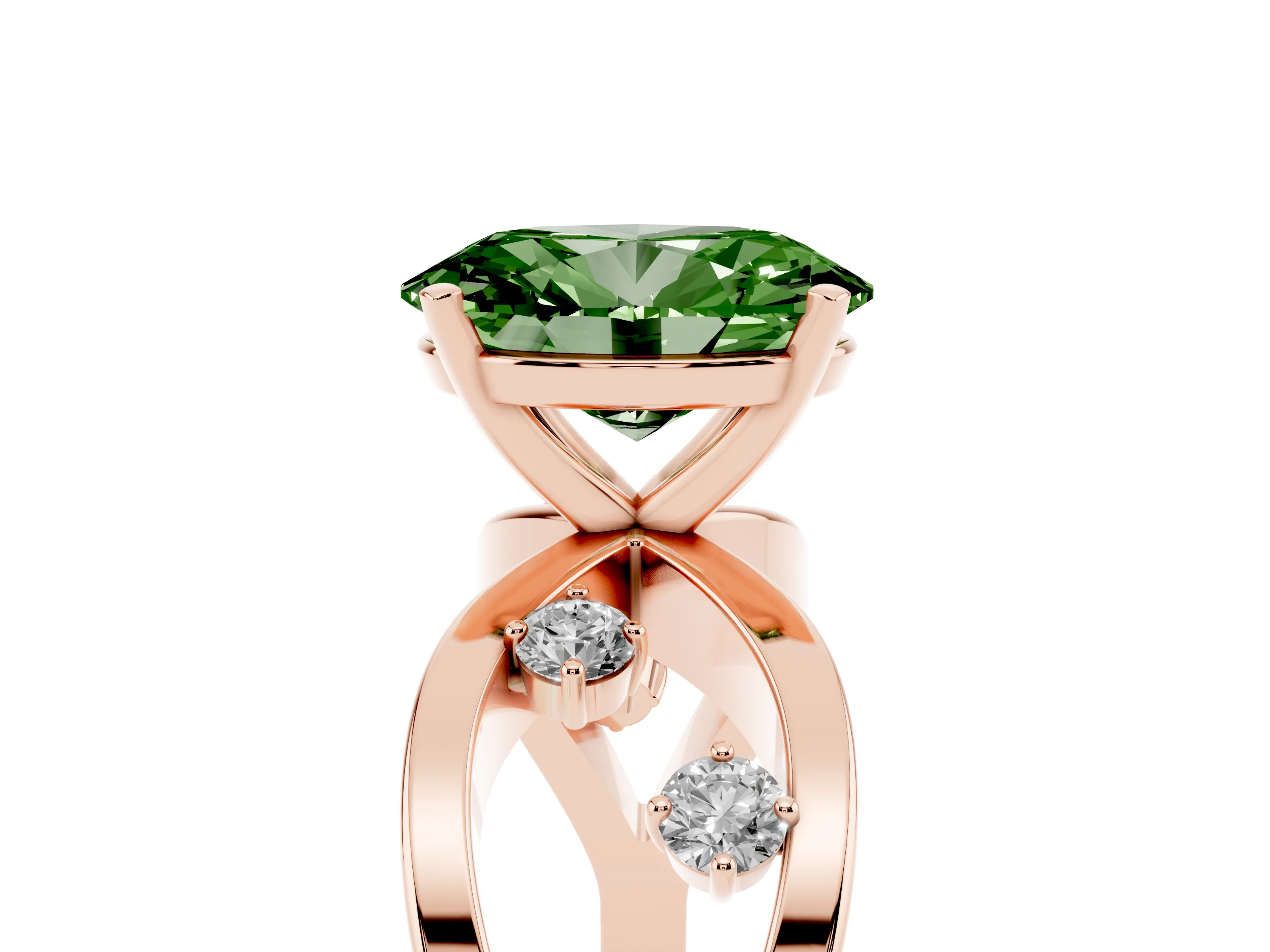 Fancy Green Oval Cut Diamond Solitaire Ring Set in Rose gold with Side Stones on Criss-Cross Band and Prong Setting