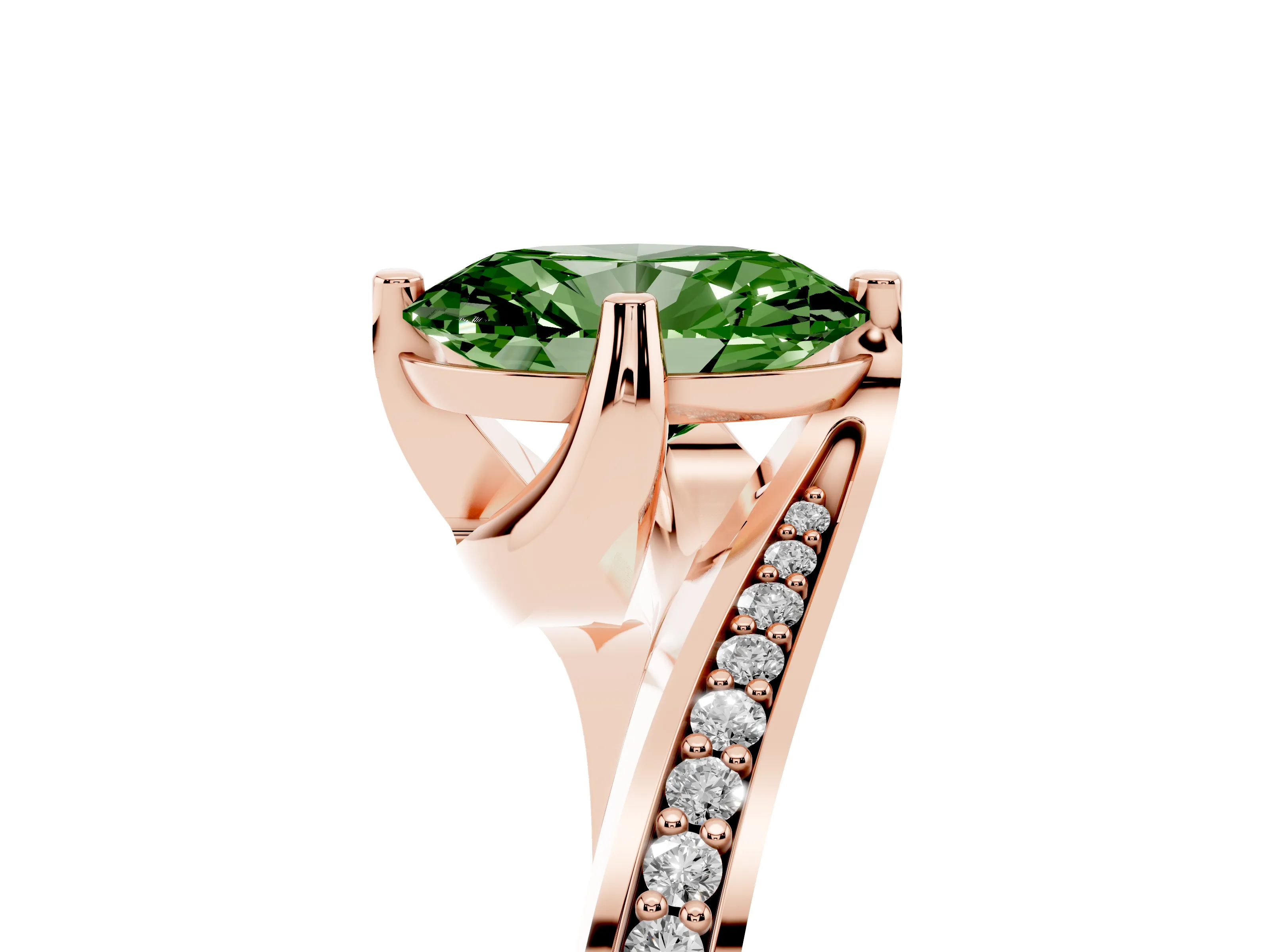 Fancy Green Oval Cut Diamond Solitaire Ring Set in Rose gold with Intertwined Pavé Twist Band