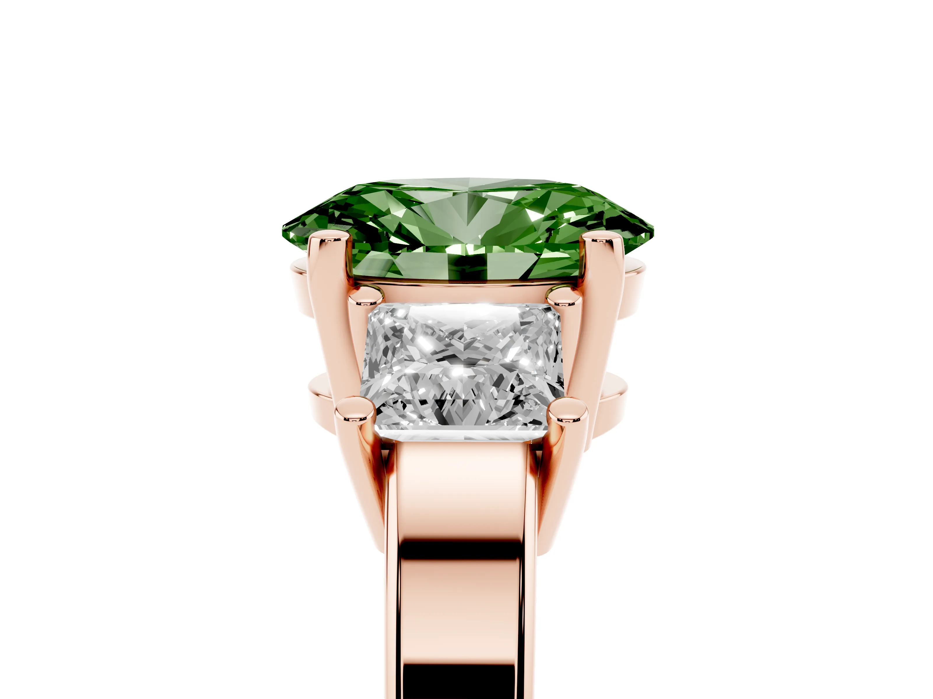 Fancy Green Three-Stone Oval Cut Diamond Solitaire Ring Set in Rose gold with Prong Setting