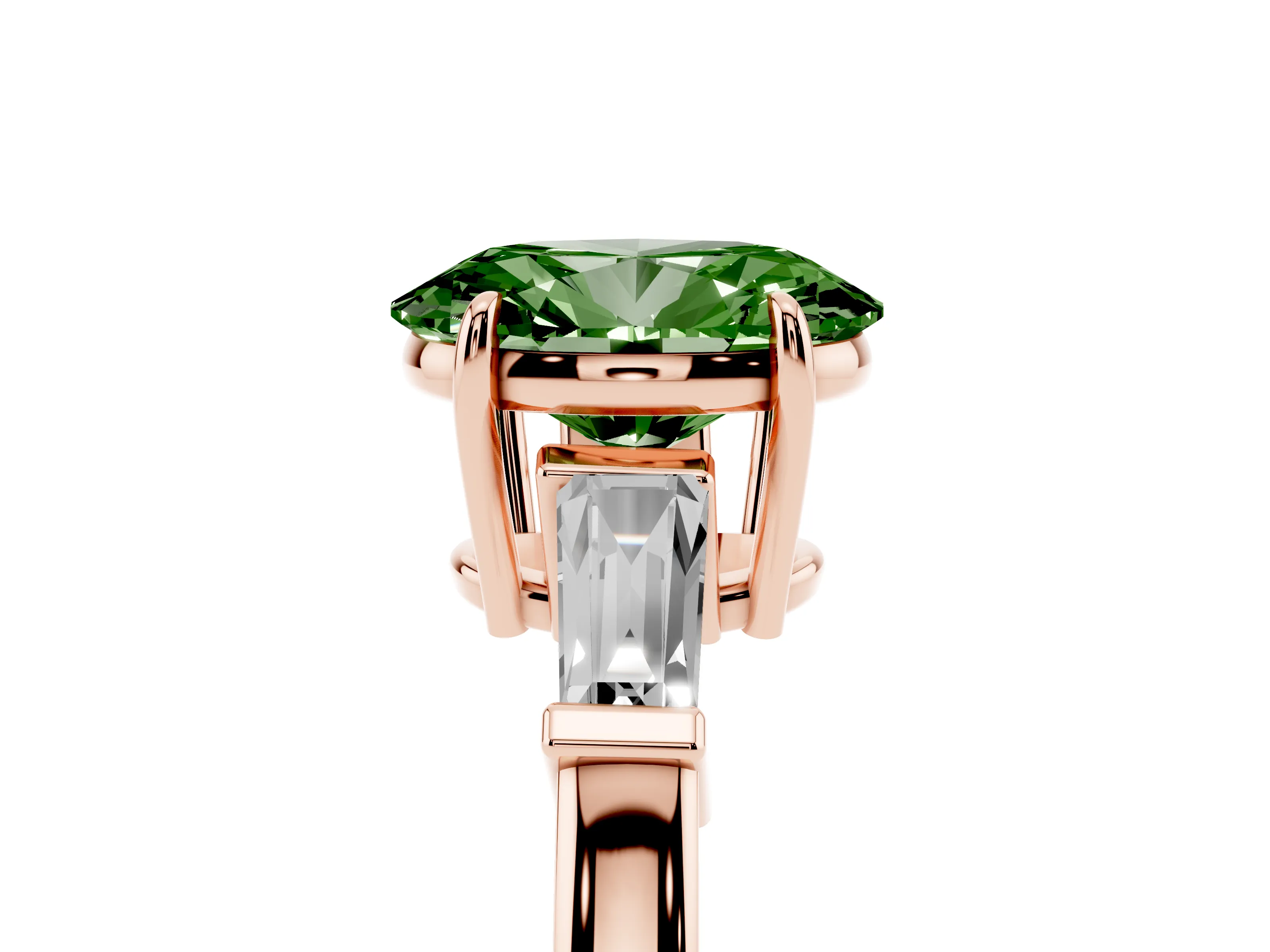 Fancy Green Oval Cut Diamond Three-Stone Ring Set in Rose gold with Tapered Baguette Side Stones and Prong Setting