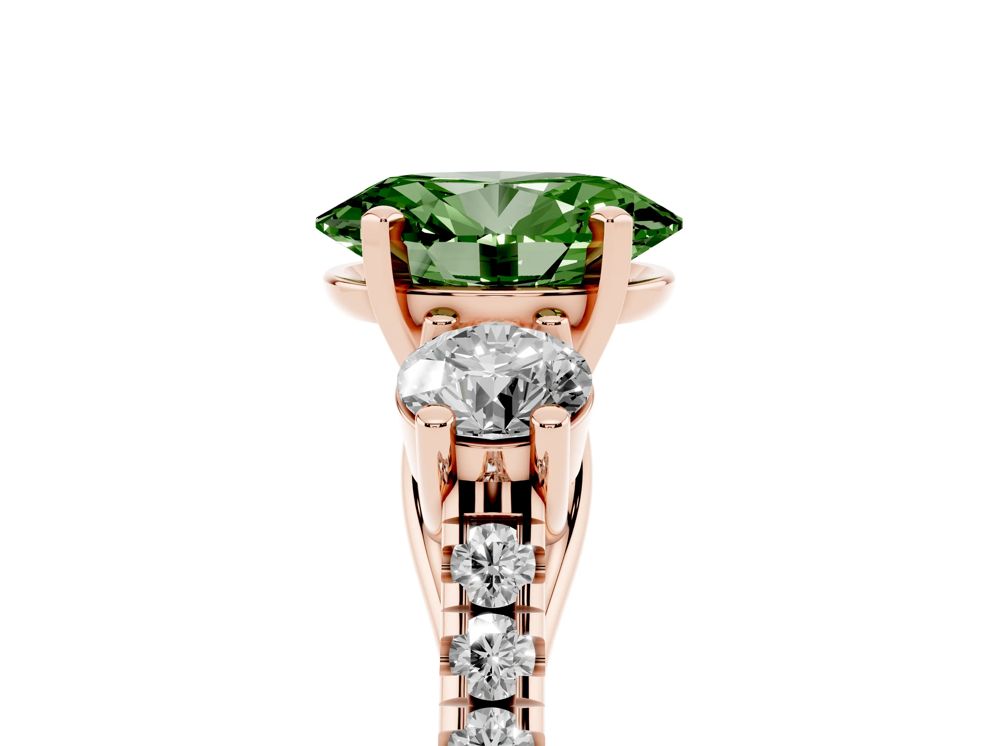 Fancy Green Three-Stone Oval Cut Diamond Pavé Band Ring Set in Rose gold with Prong-Set Trio