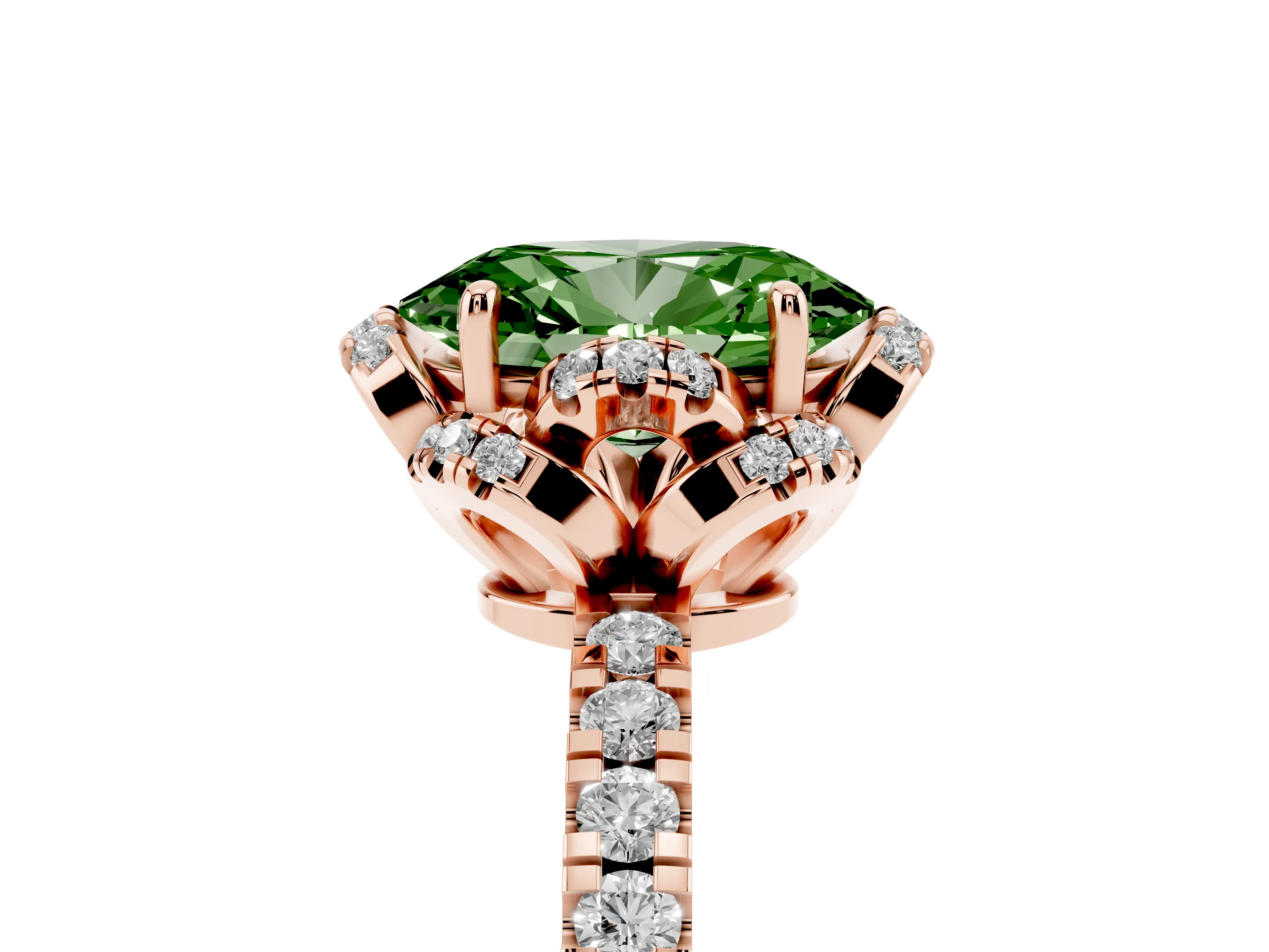 Fancy Green Oval Cut Diamond Halo Pavé Band Ring Set in Rose gold with Prong-Held Center