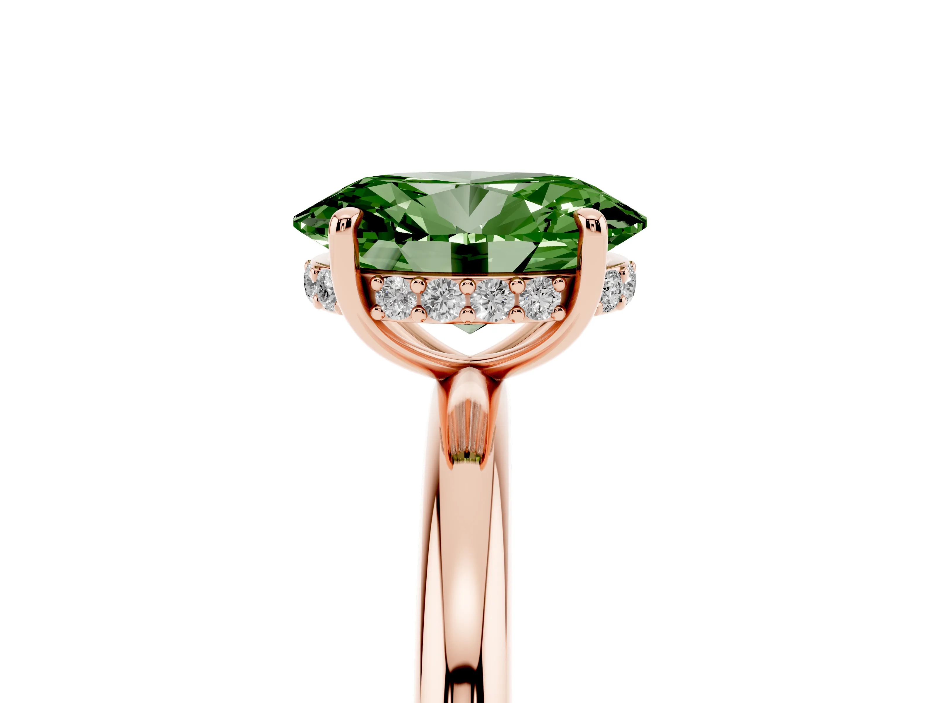 Fancy Green Oval Cut Diamond Solitaire Ring Set in Rose gold with Thin Band and Prong Setting
