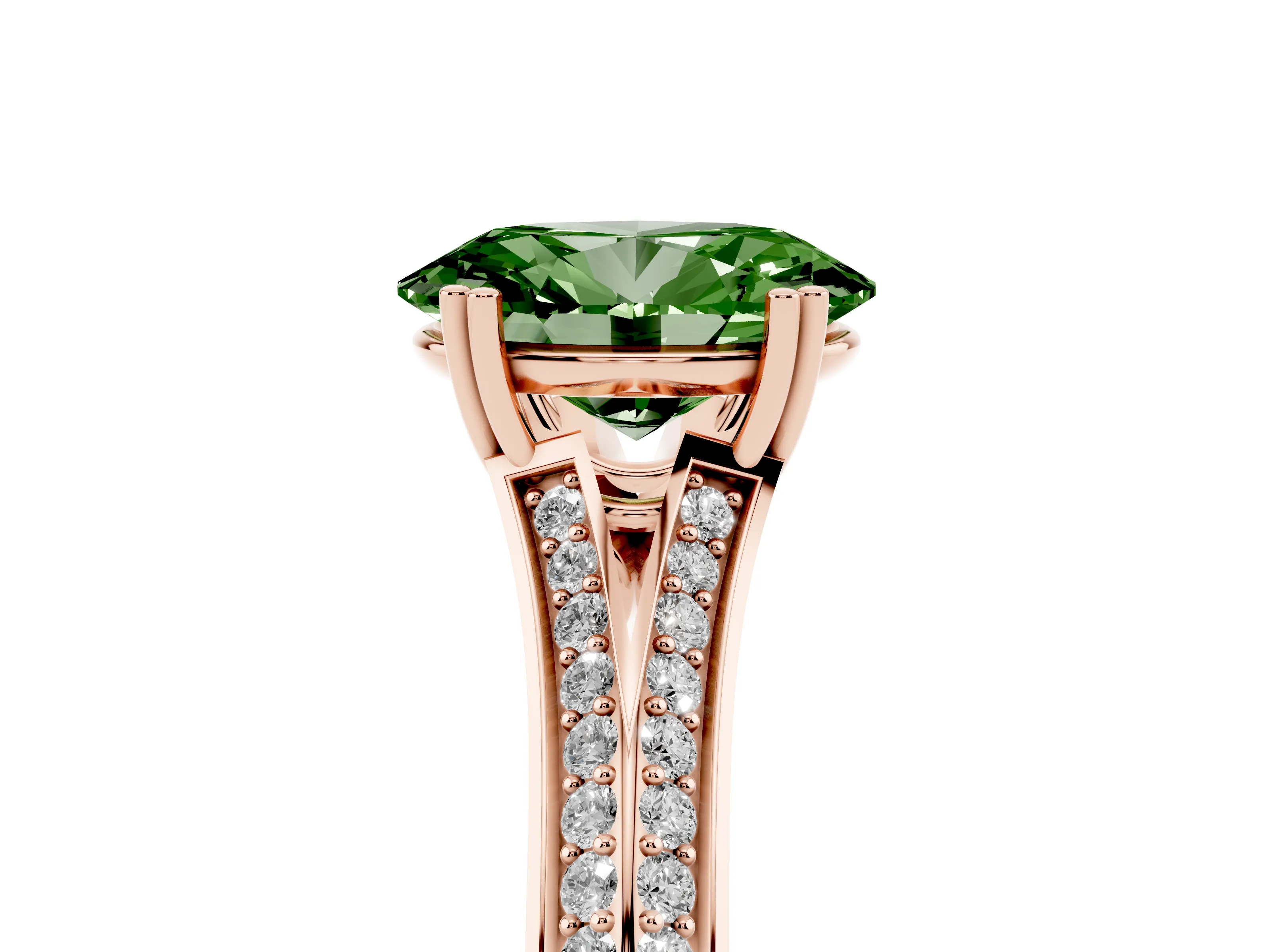 Fancy Green Oval Cut Diamond Split Shank Pavé Engagement Ring Set in Rose gold with Prong-Set Center Stone