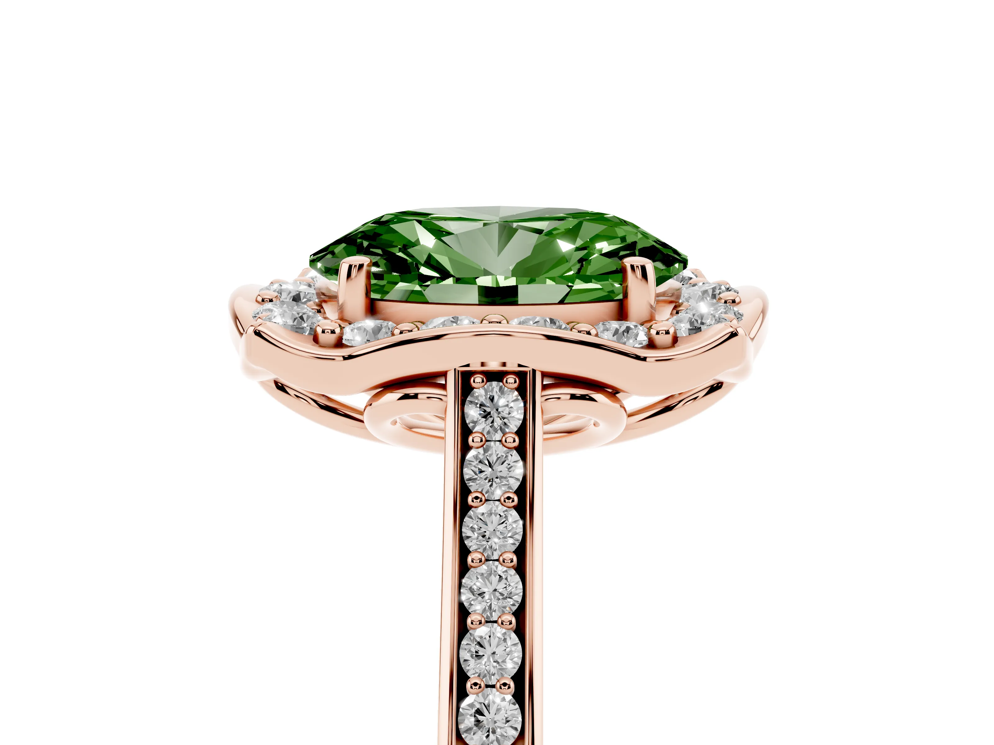 Fancy Green Oval Cut Diamond Halo Ring Set in Rose gold with Pavé-Lined Shoulders and Prong Setting