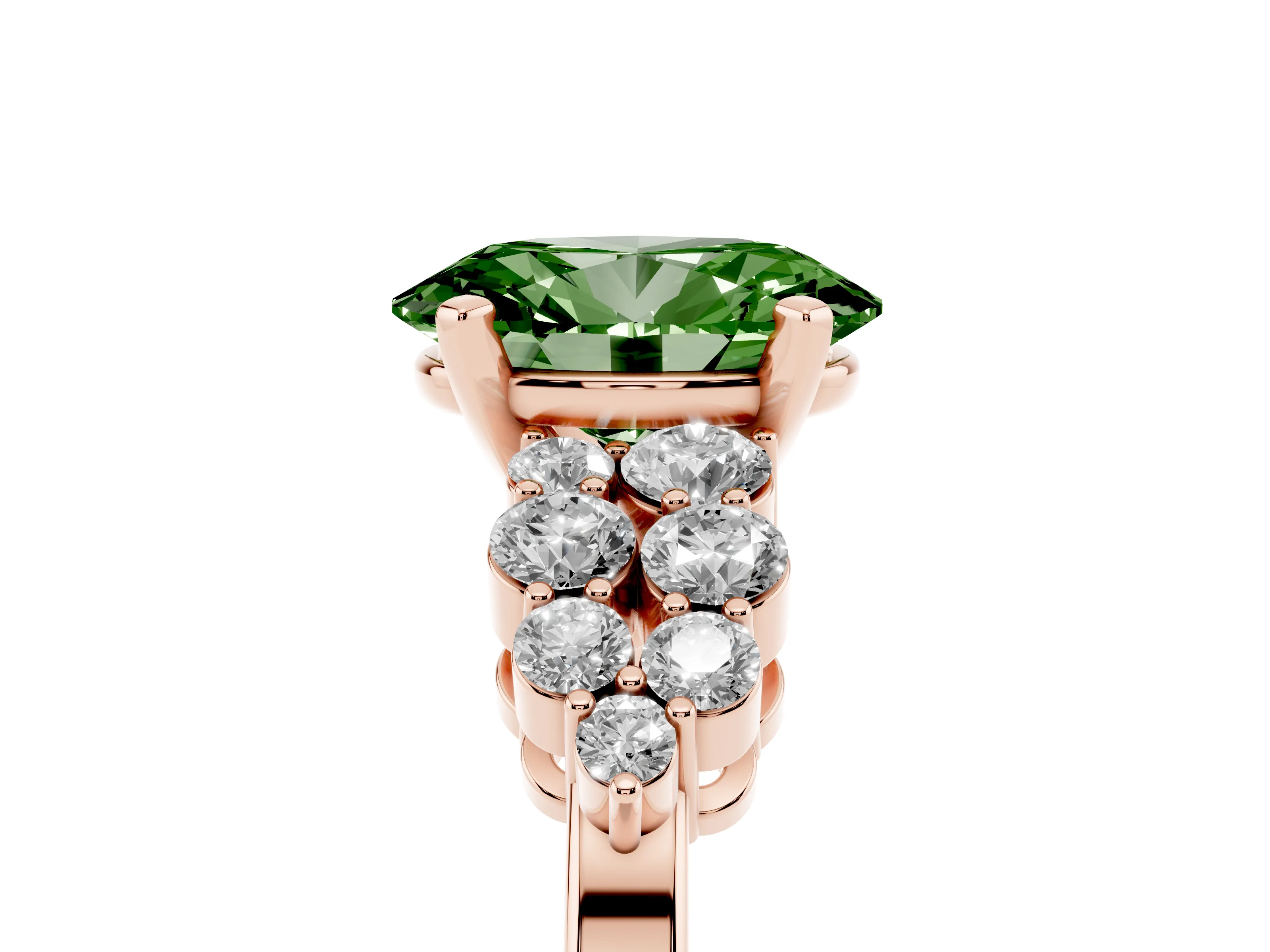 Fancy Green Oval Cut Diamond Cluster Engagement Ring Set in Rose gold with Pavé Band and Prong Setting
