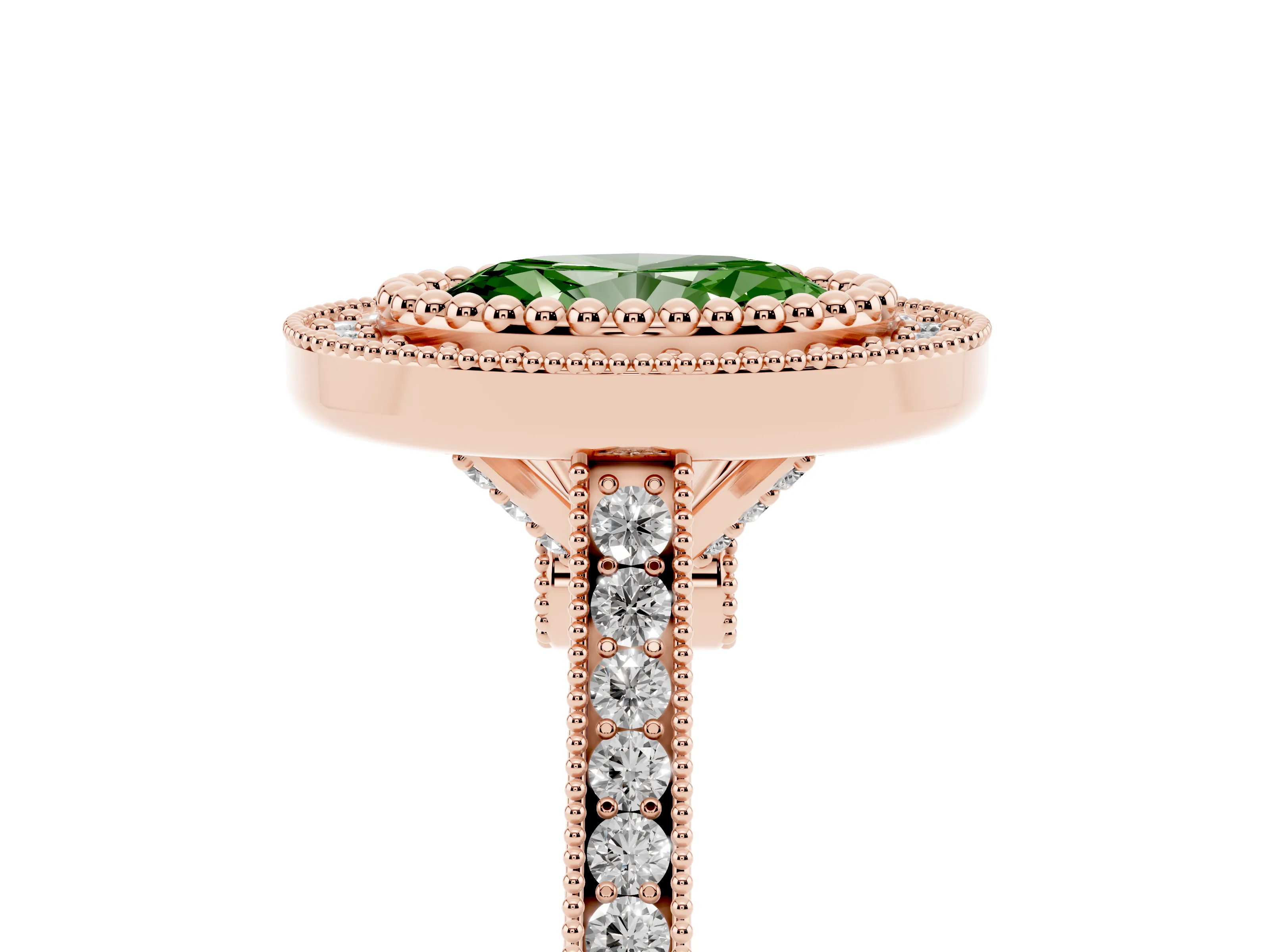Fancy Green Oval Cut Diamond Halo Ring Set in Rose gold with Milgrain Frame and Pavé Band
