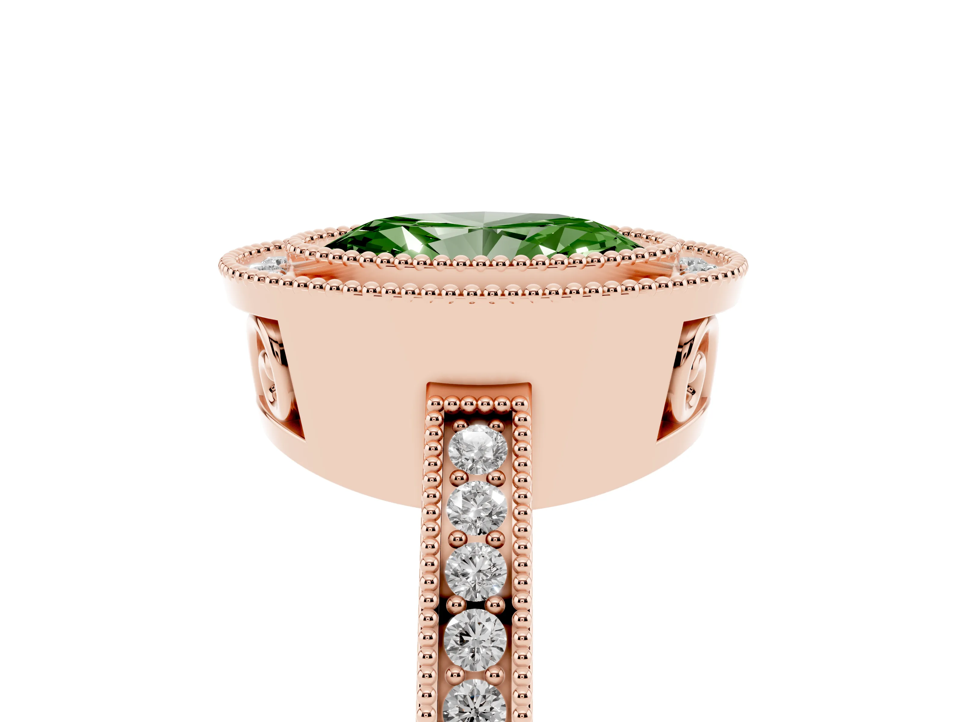 Fancy Green Oval Cut Diamond Halo Ring Set in Rose gold with Pavé Band and Milgrain-Edged Prongs