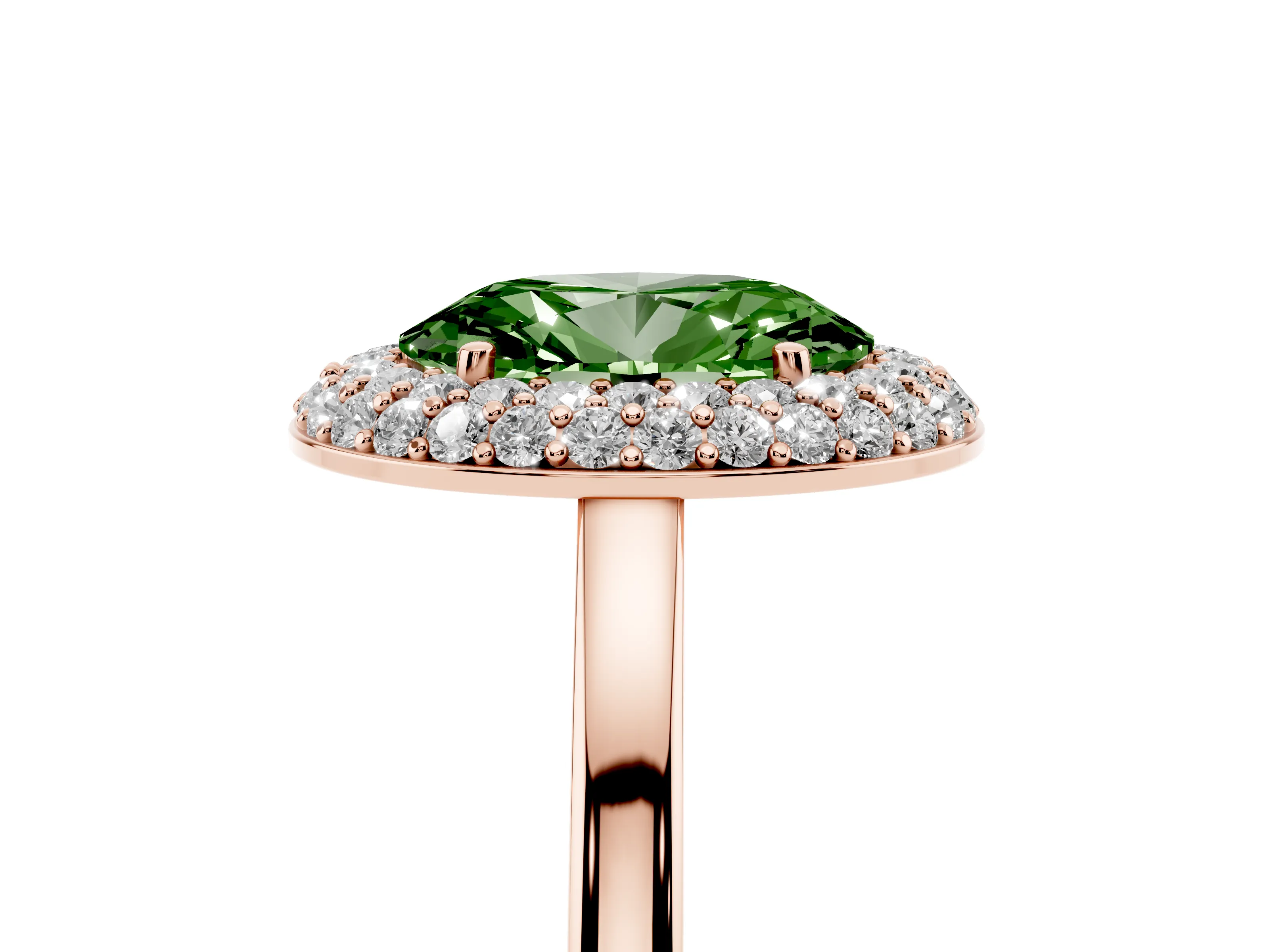 Fancy Green Oval Cut Diamond Halo Engagement Ring Set in Rose gold with Solitaire Band and Prong Setting