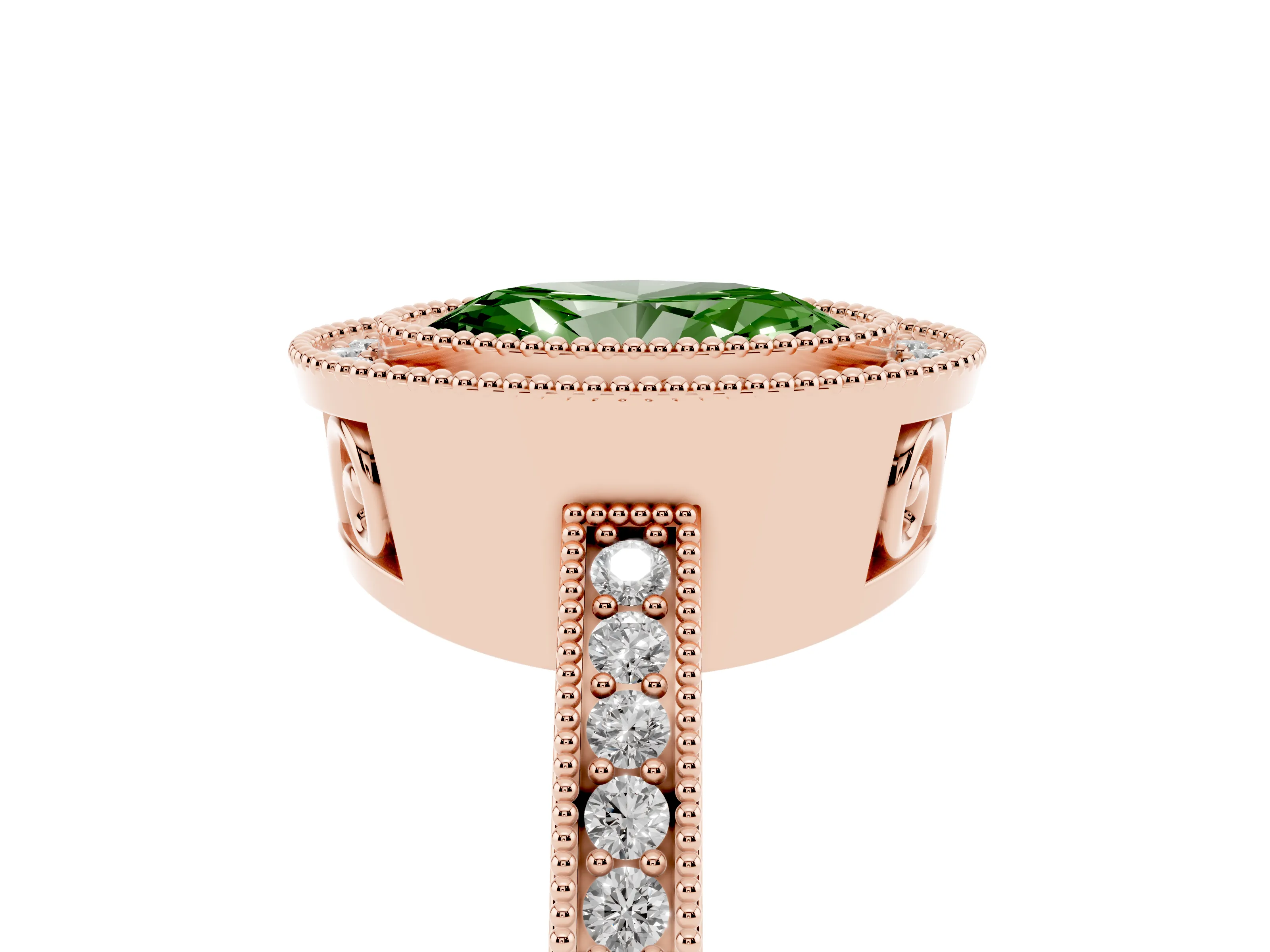 Fancy Green Oval Cut Diamond Round Halo Ring Set in Rose gold with Pavé Band