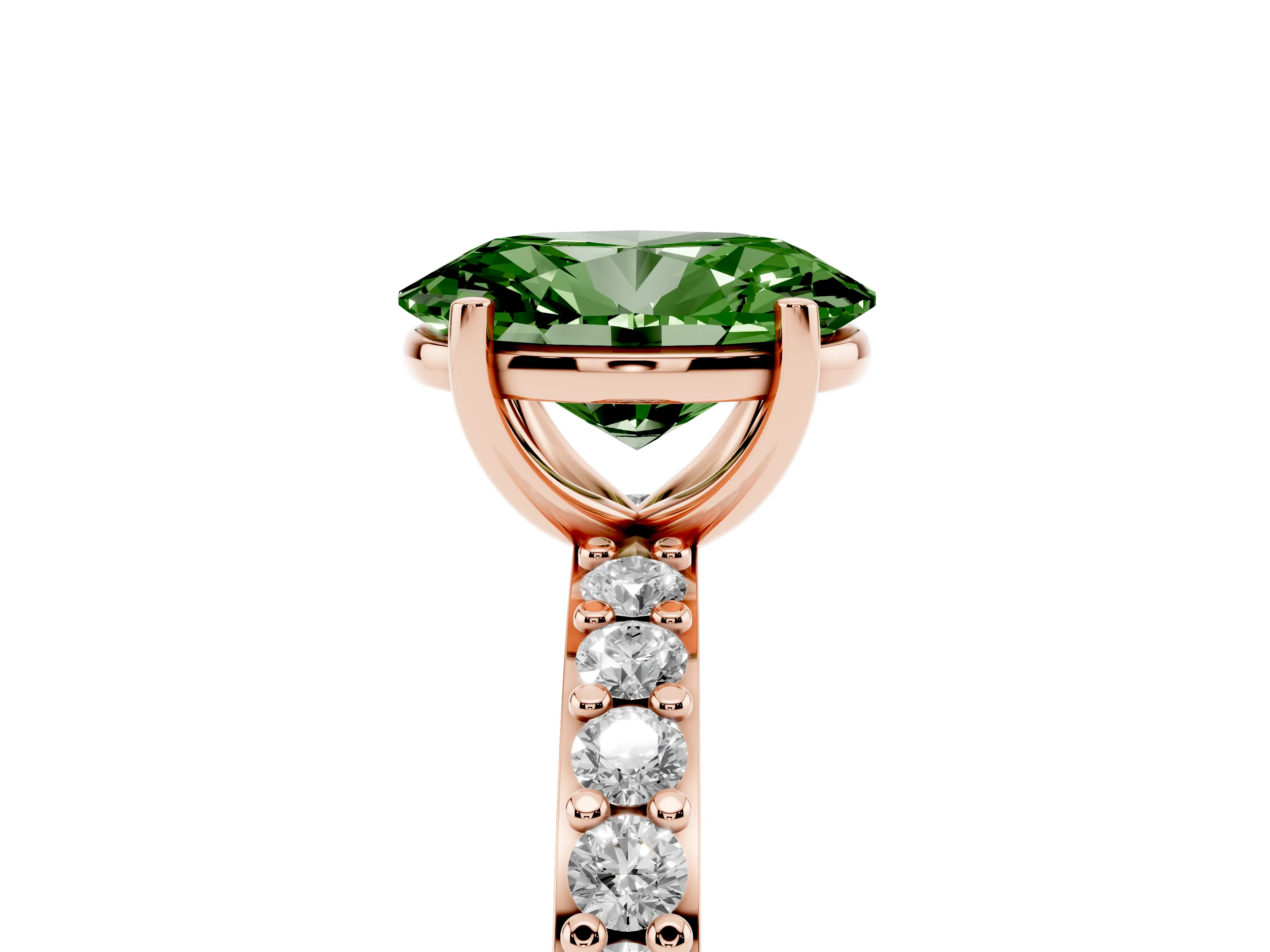 Fancy Green Oval Cut Diamond Solitaire Set in Rose gold with Round Pavé Band and Prong Setting
