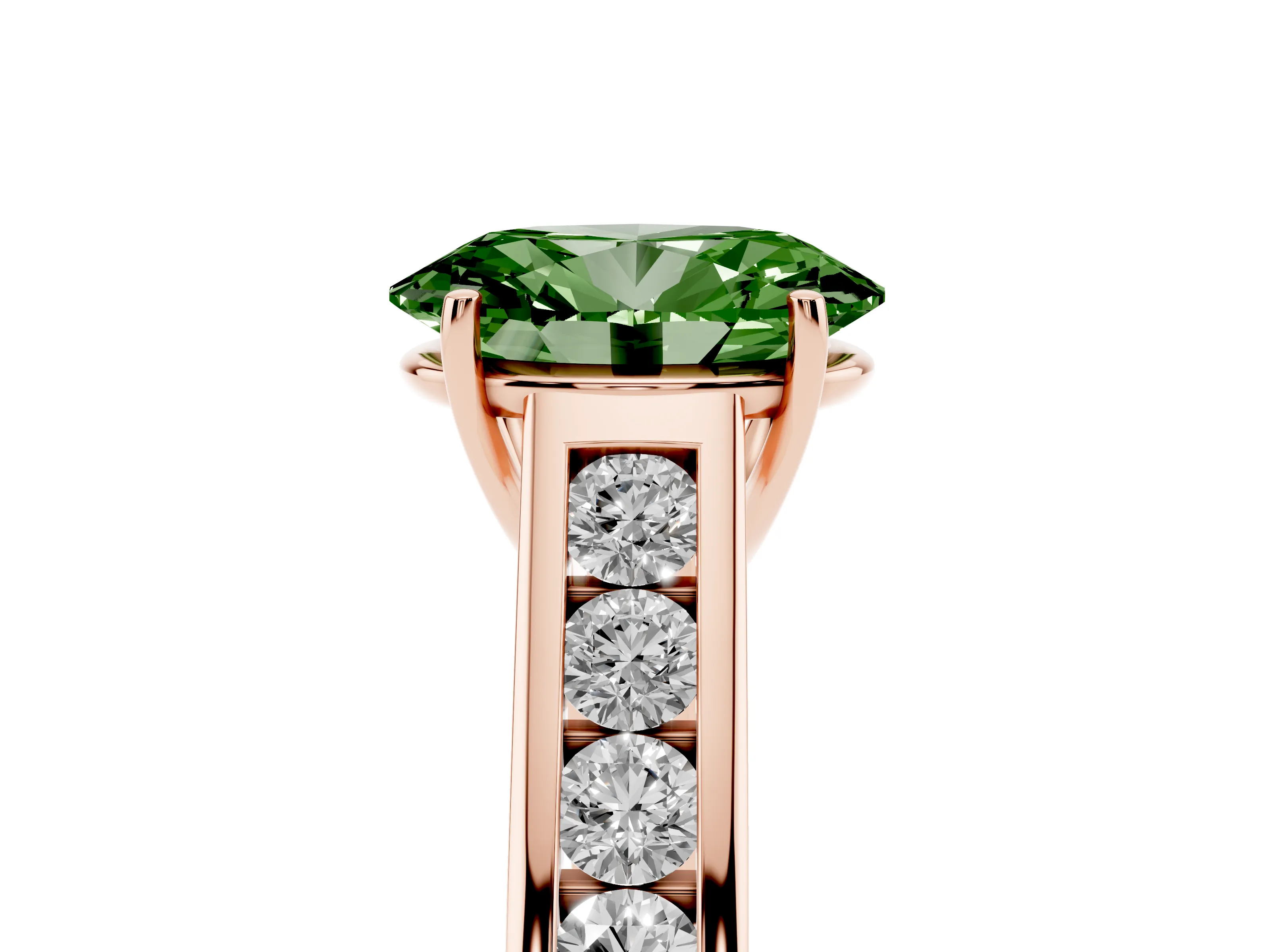 Fancy Green Oval Cut Diamond Solitaire Channel-Set Engagement Ring Set in Rose gold with Prong Setting