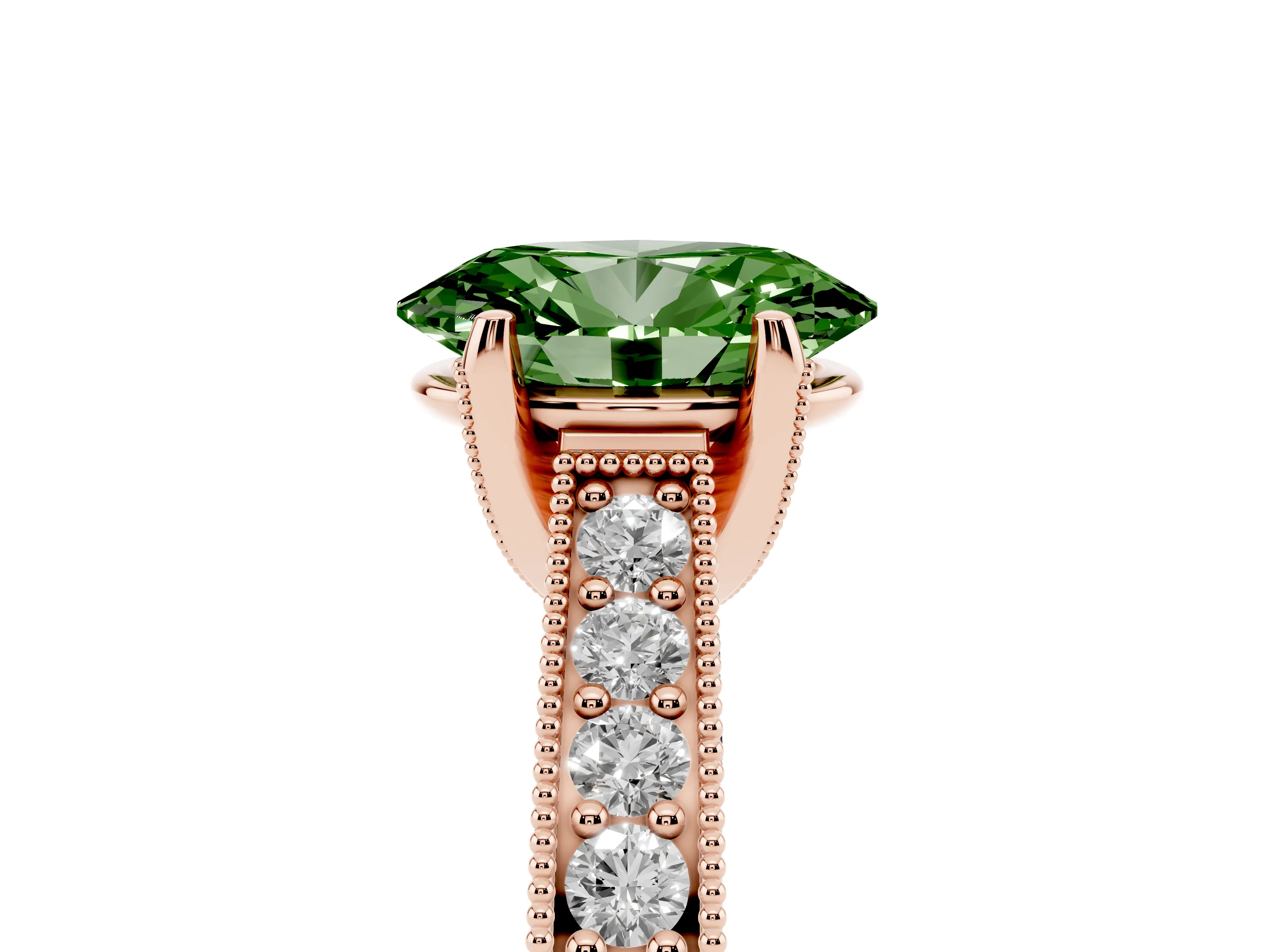 Fancy Green Oval Cut Diamond Solitaire Ring Set in Rose gold with Milgrain-Edged Pavé Band and Prong Setting
