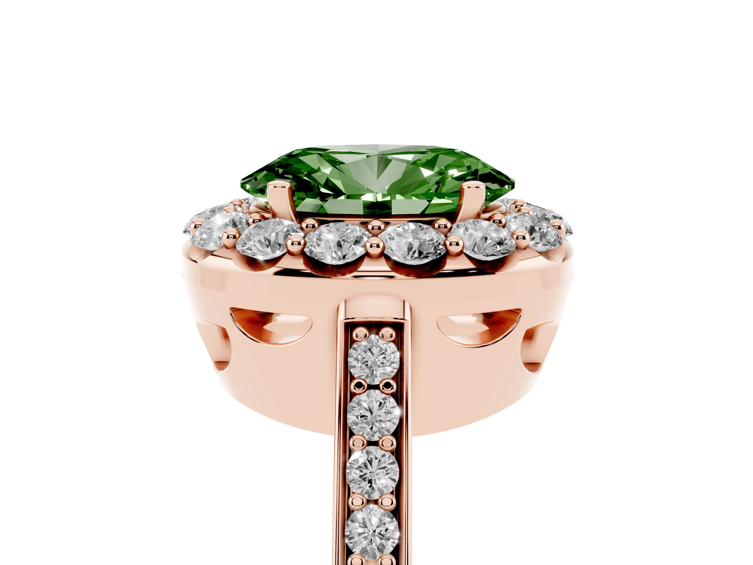 Fancy Green Oval Cut Diamond Floral Halo Ring Set in Rose gold with Pavé Band and Prong Setting