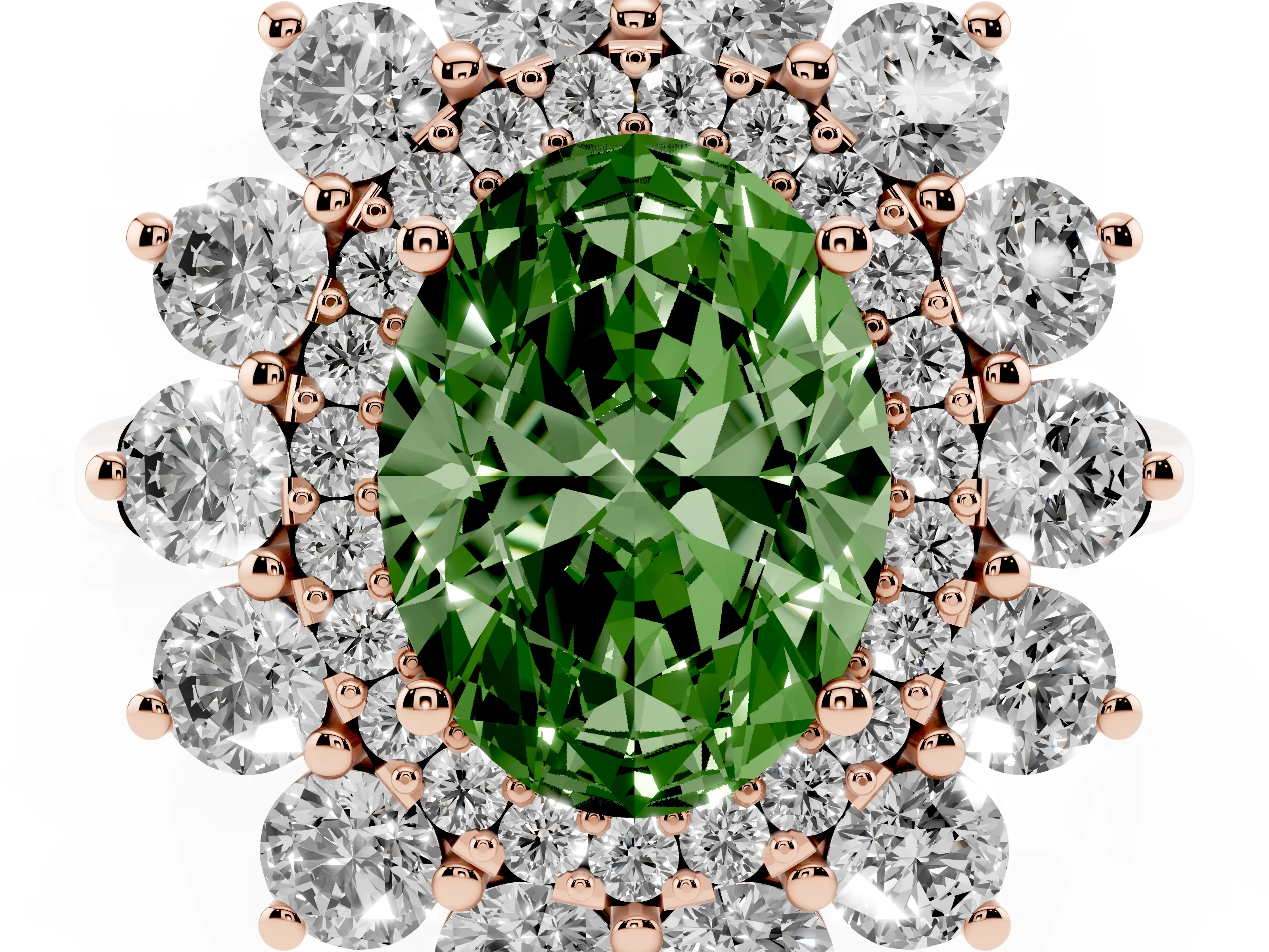 Fancy Green Oval Cut Diamond Floral Double Halo Ring Set in Rose gold with Round Petals