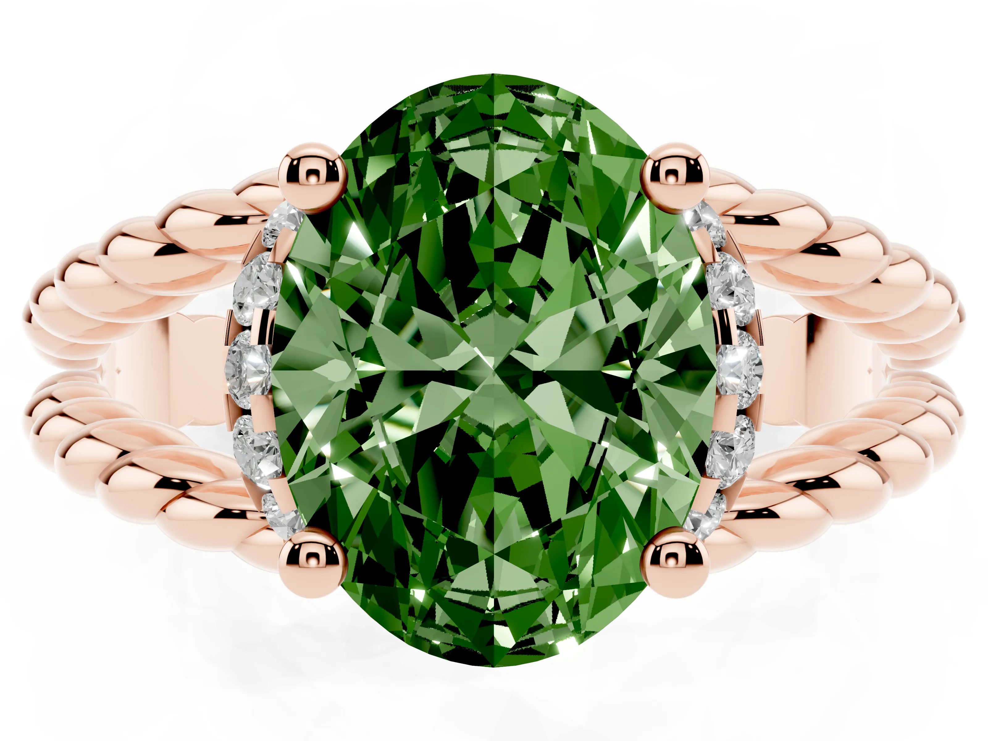 Fancy Green Oval Cut Diamond Halo Ring Set in Rose gold with Twisted Band and Prong Setting