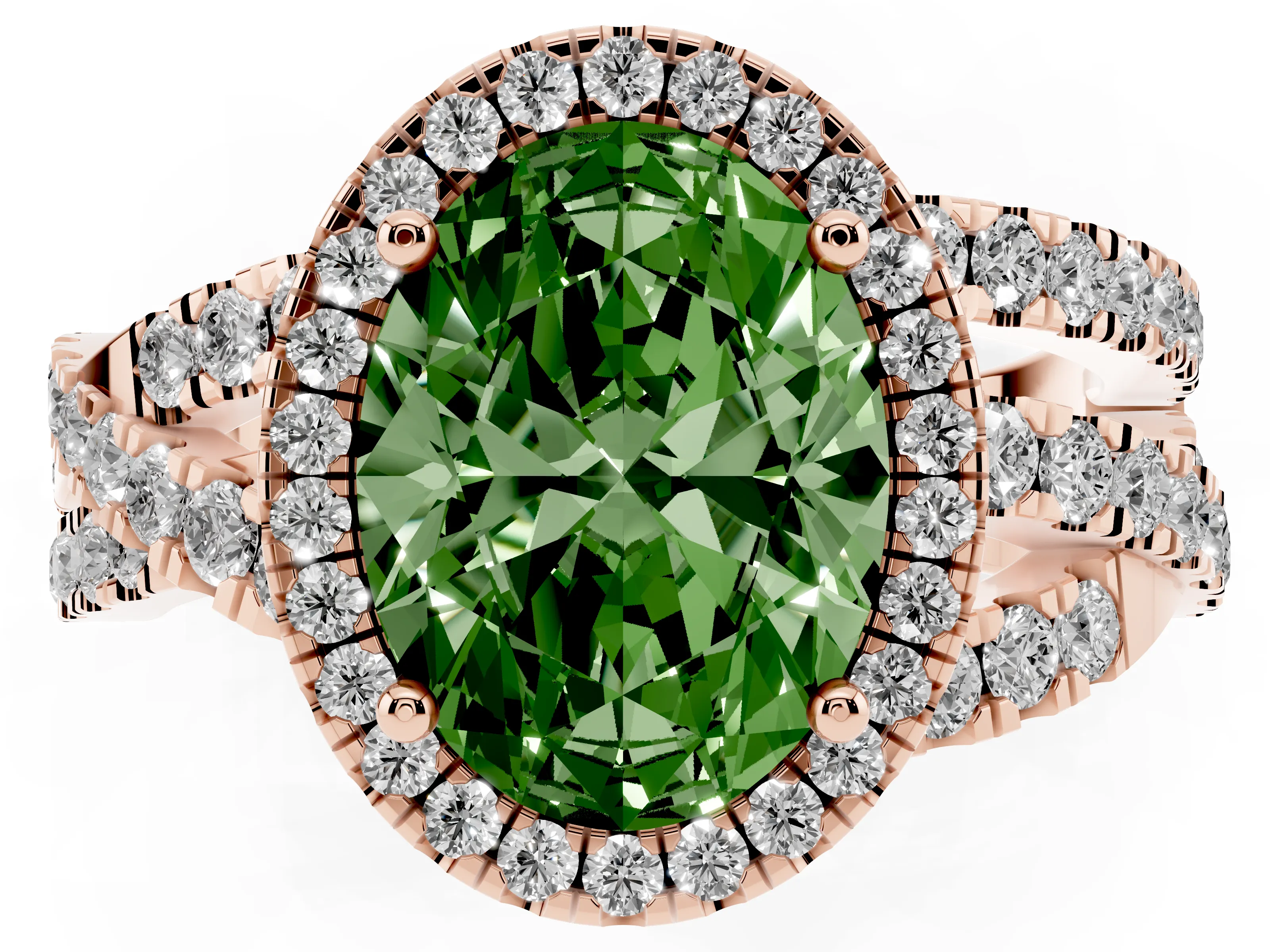 Fancy Green Oval Cut Diamond Halo Ring Set in Rose gold with Round Crossover Split Shank and Prong Setting