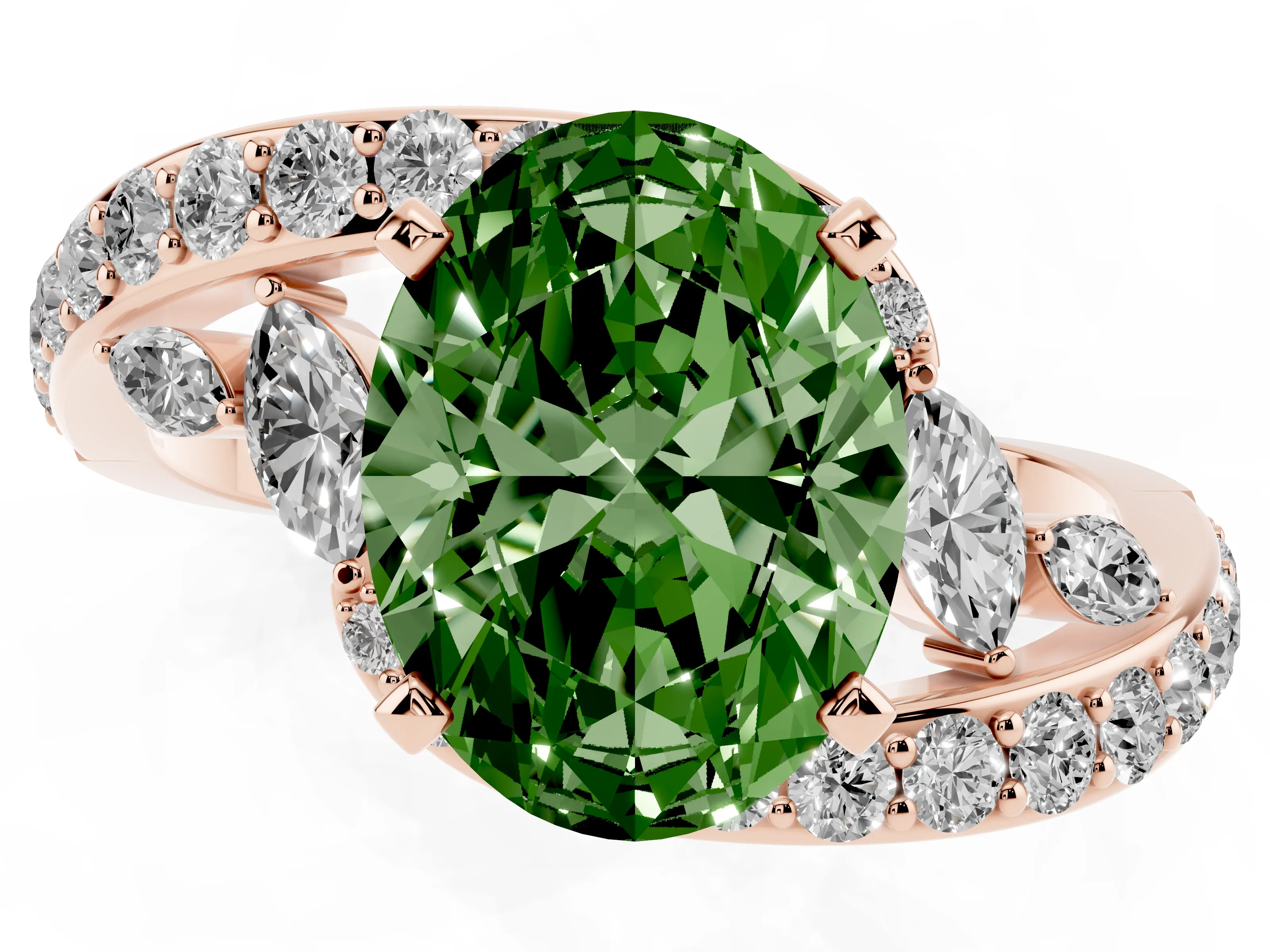 Fancy Green Oval Cut Diamond Solitaire Ring Set in Rose gold with Pavé Twist Band and Secure Prong Setting