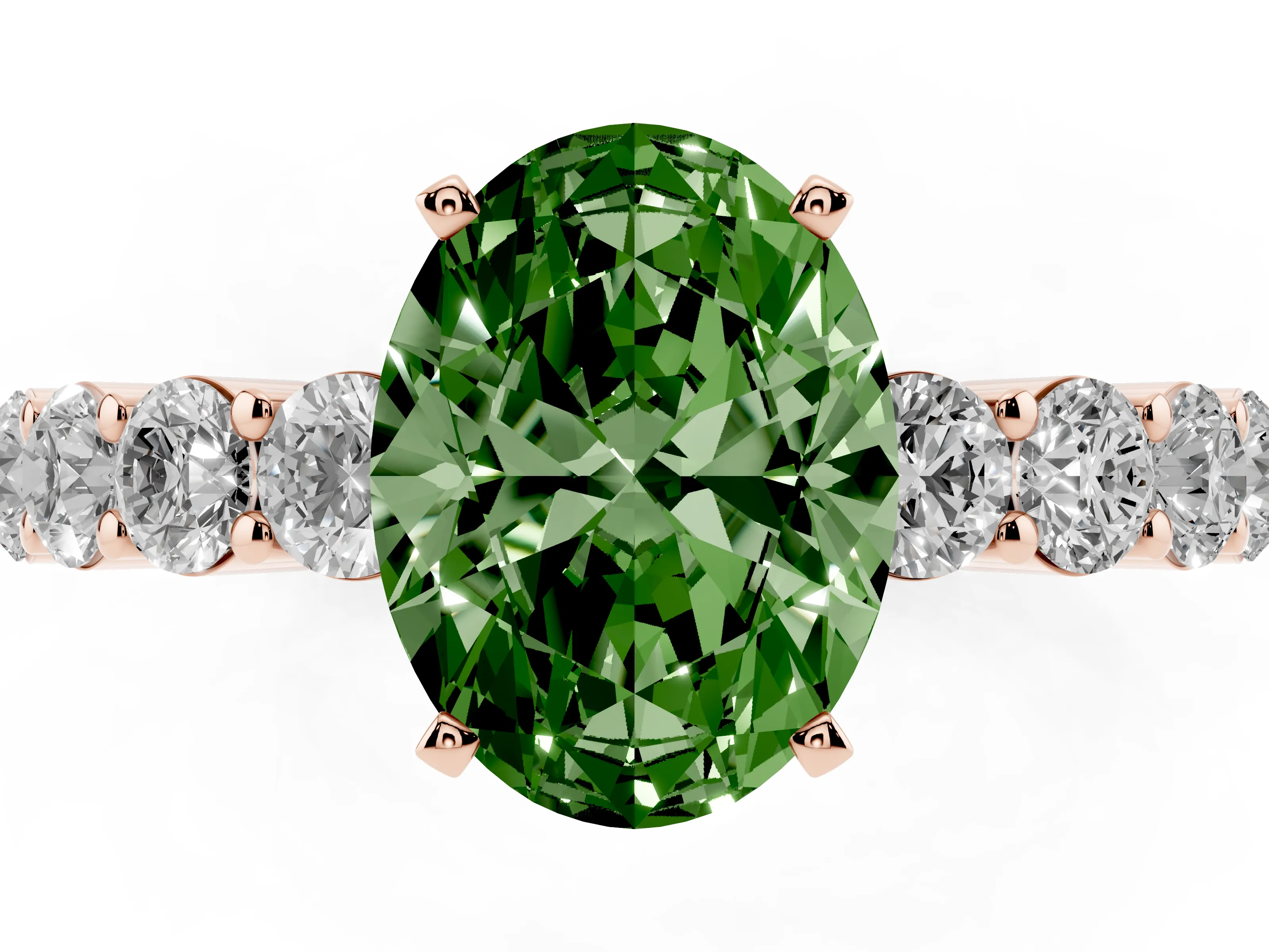 Fancy Green Oval Cut Diamond Solitaire Ring Set in Rose gold with Shared Prong Round Side Stones