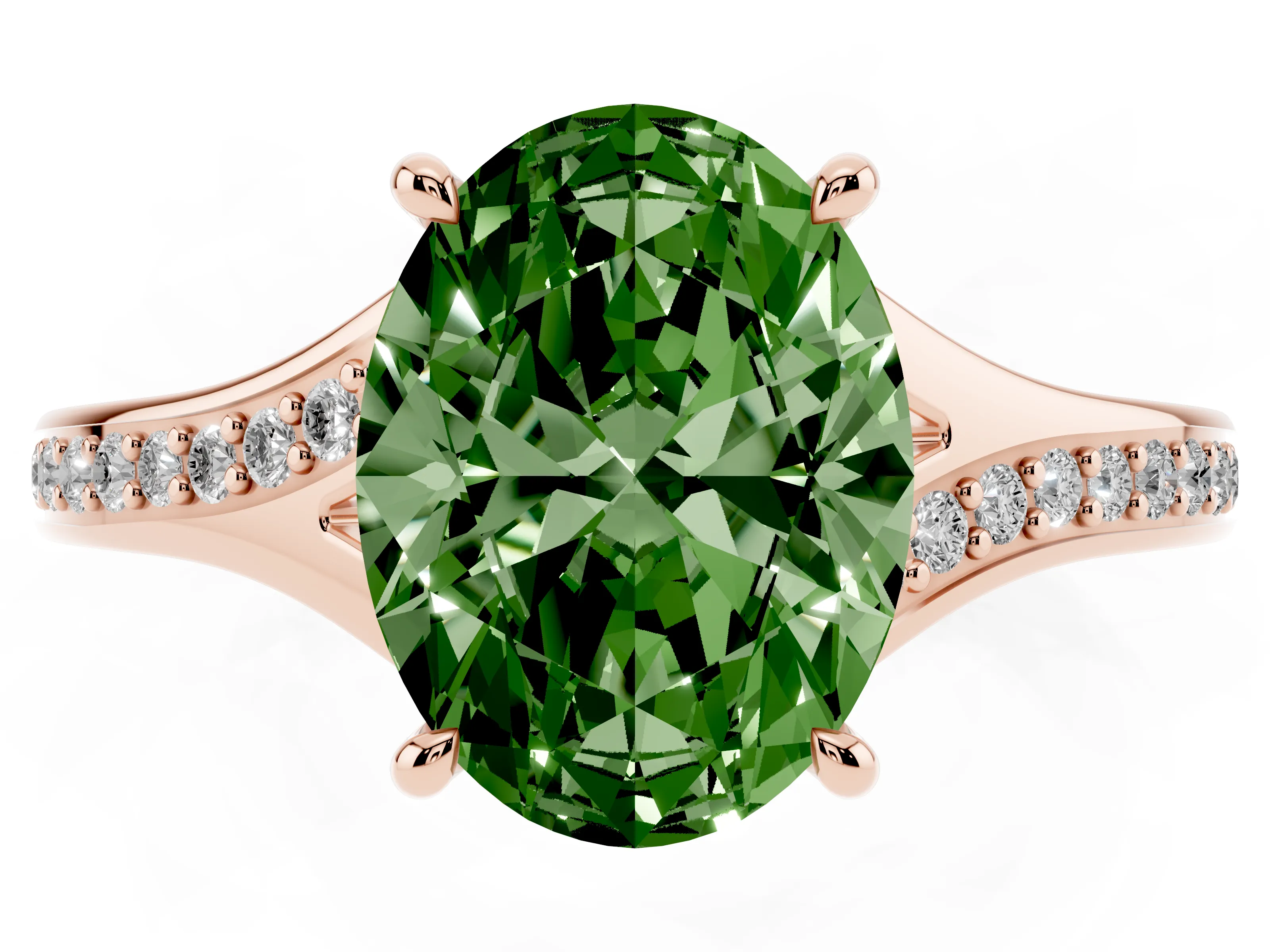 Fancy Green Oval Cut Diamond Solitaire Ring Set in Rose gold with Pavé Accent Band and Classic Prong Setting