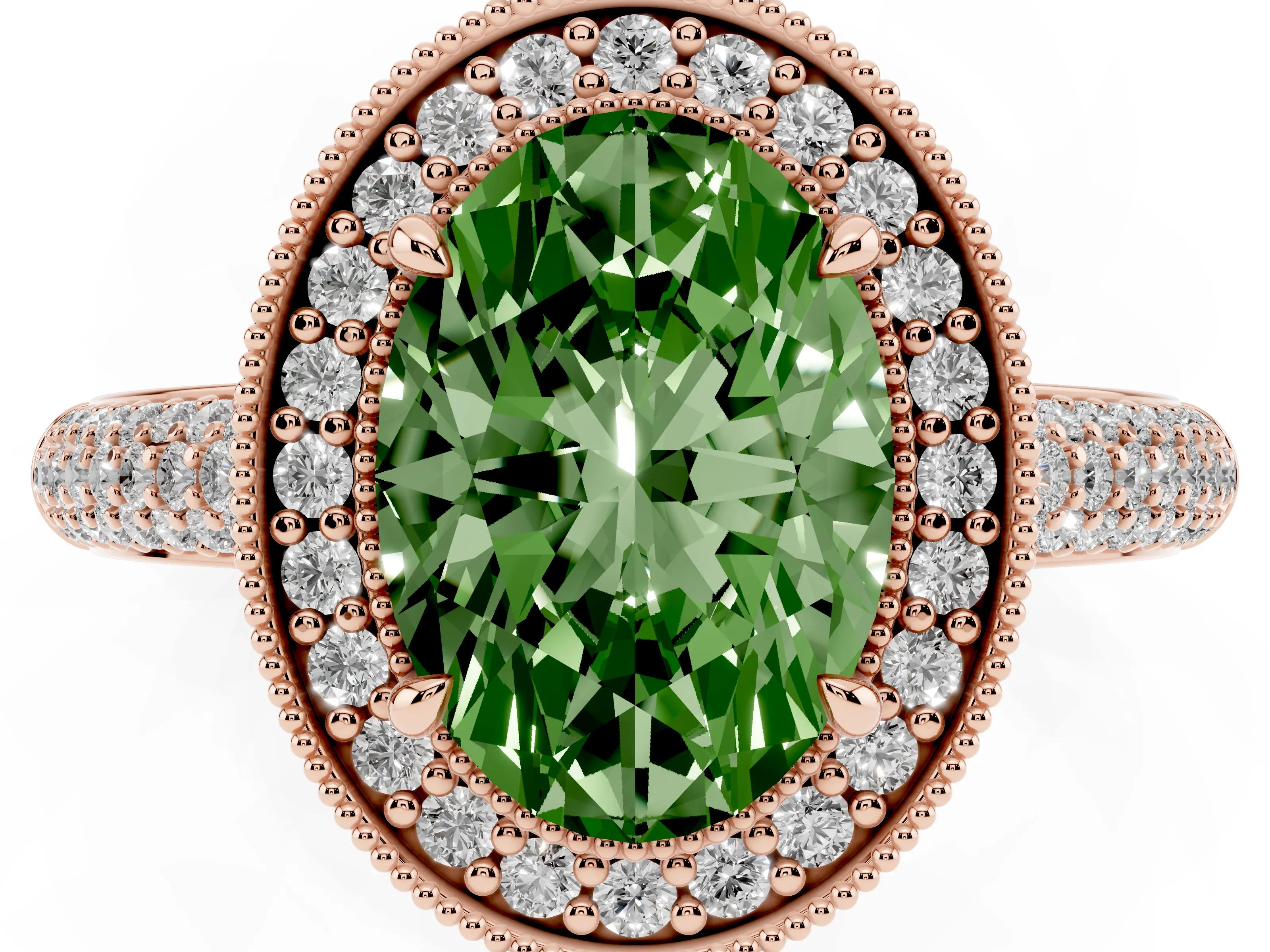 Fancy Green Oval Cut Diamond Halo Pavé Band Set in Rose gold with Prong Setting