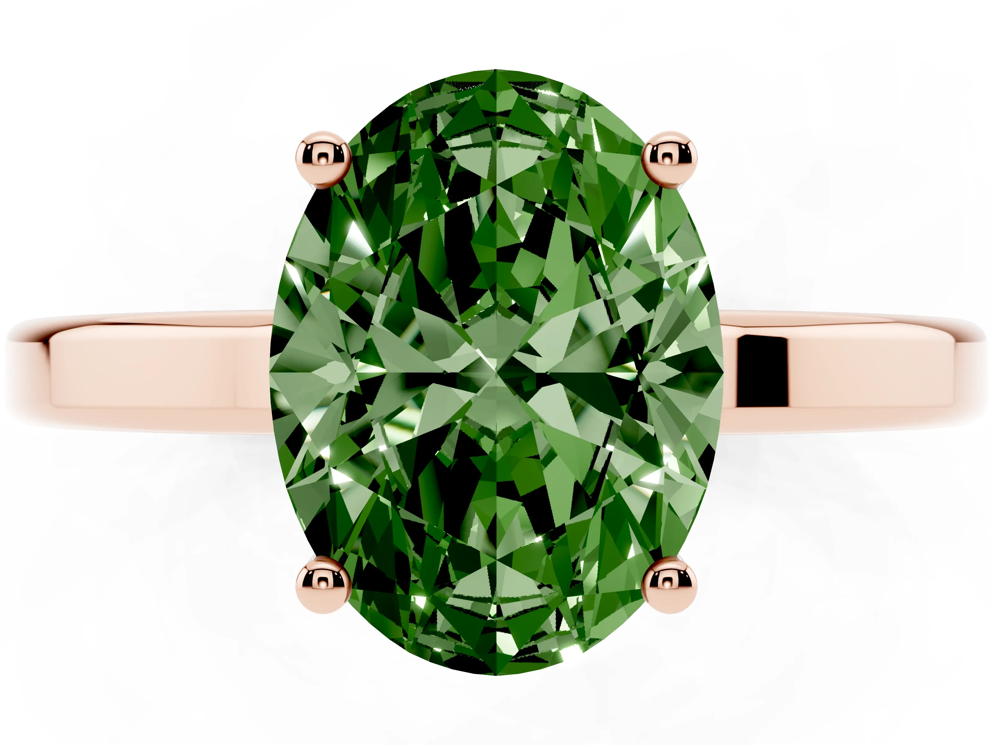 Fancy Green Oval Cut Diamond Solitaire Engagement Ring Set in Rose gold with Prong Setting on a Plain Band