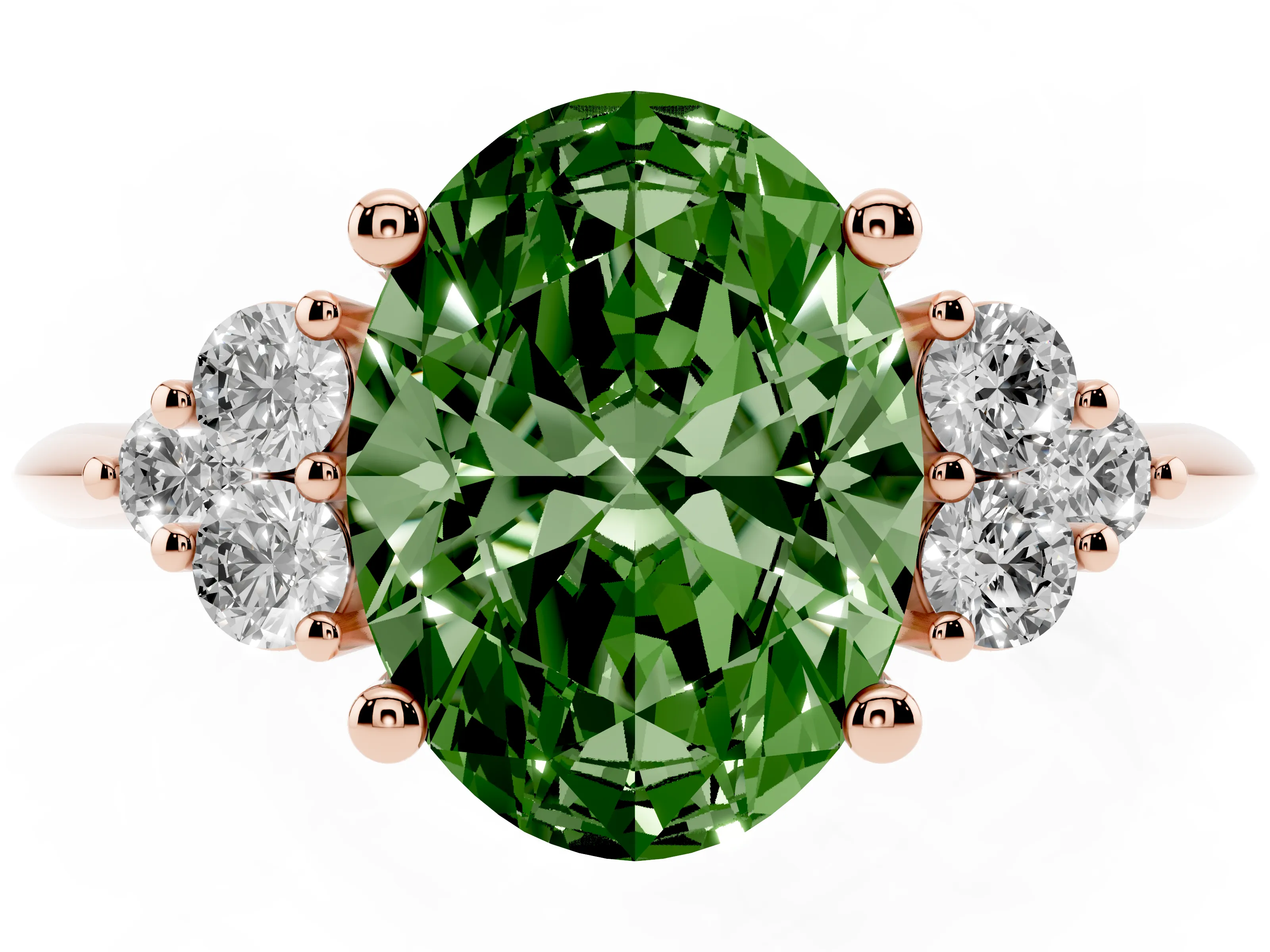 Fancy Green Oval Cut Diamond Cluster Ring Set in Rose gold with Plain Band and Prong Setting