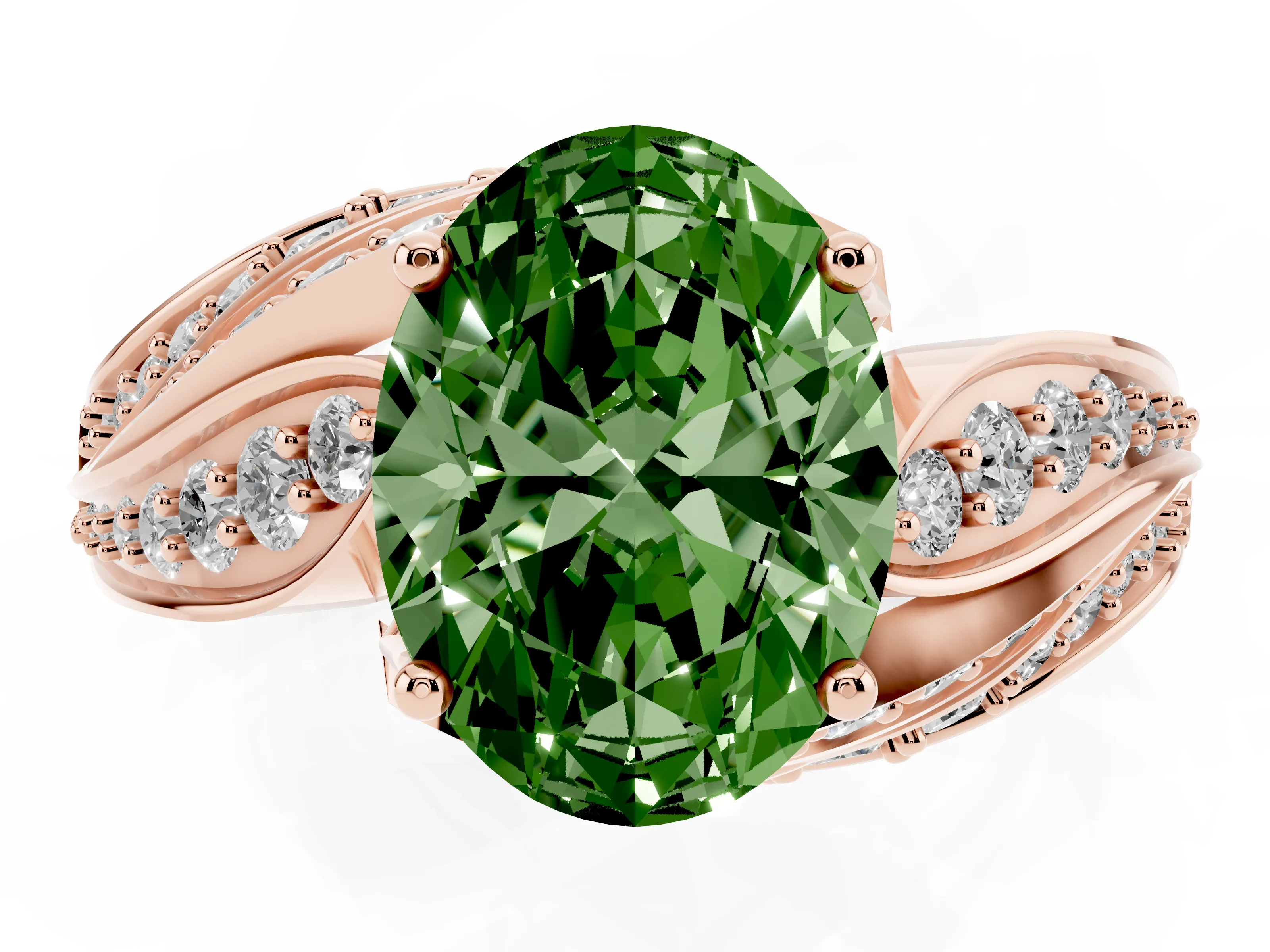 Fancy Green Oval Cut Diamond Solitaire Ring Set in Rose gold with Layered Twist Pavé Band