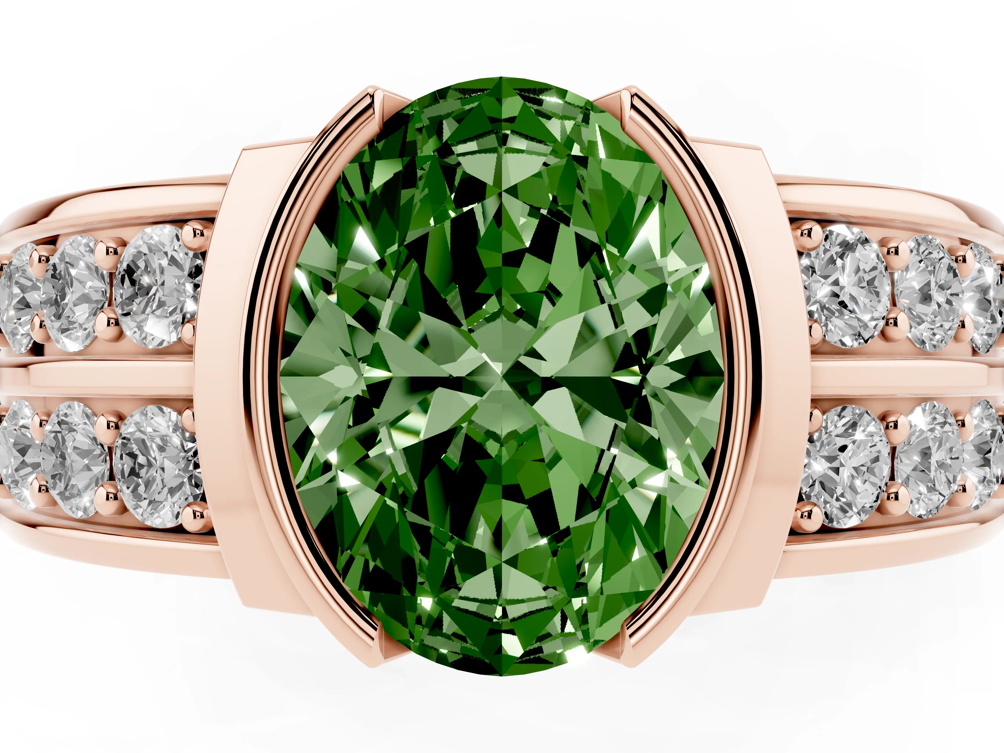 Fancy Green Oval Cut Diamond Wide Channel Set Band Ring Set in Rose gold with Bezel Setting