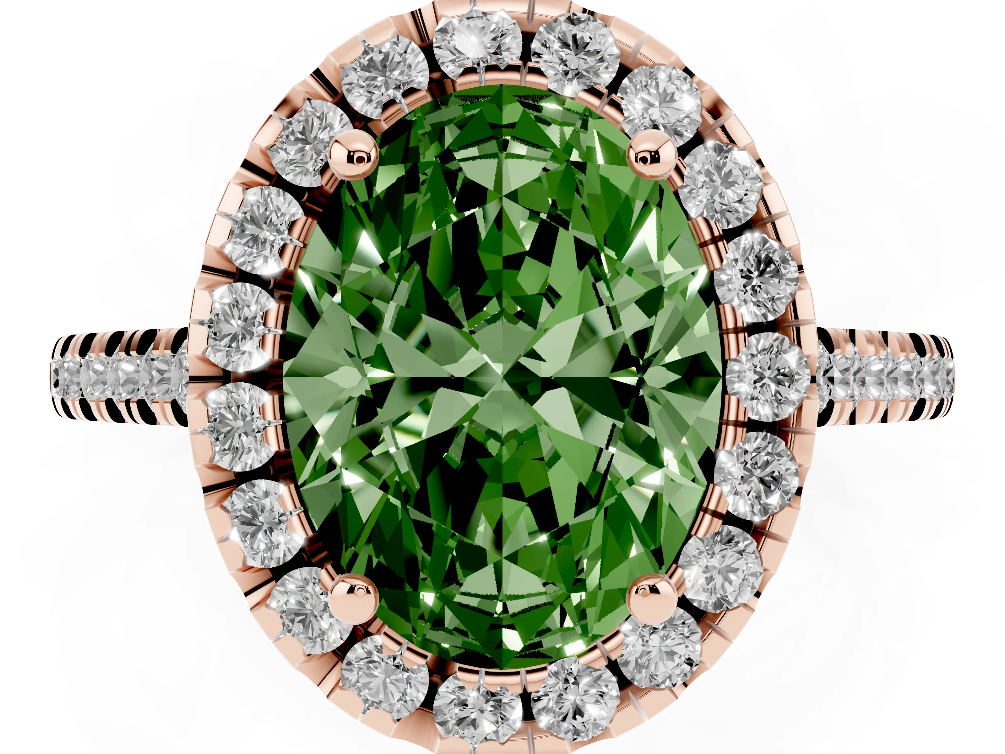 Fancy Green Oval Cut Diamond Cushion Halo Ring Set in Rose gold with Pavé Band