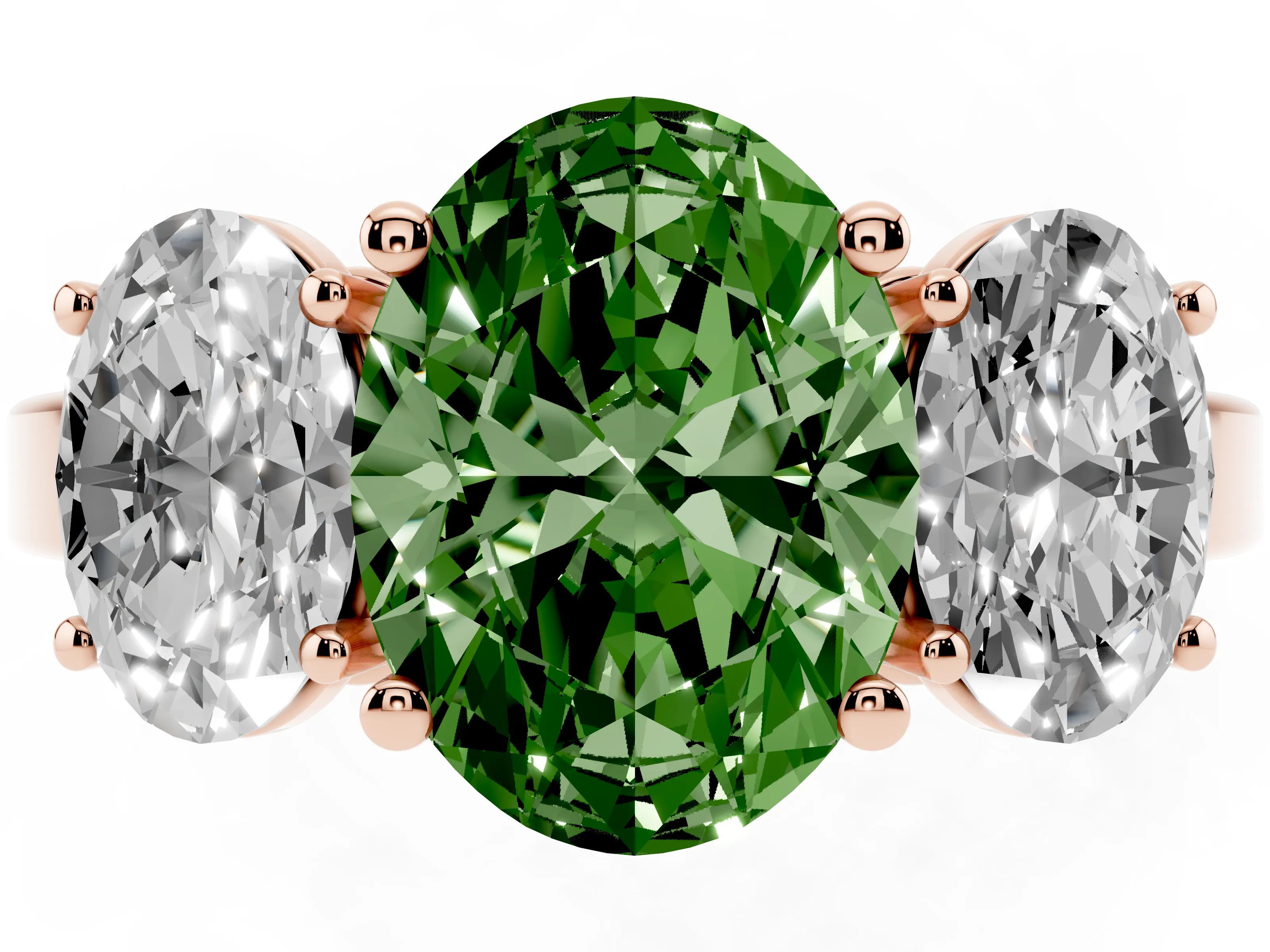 Fancy Green Oval Cut Diamond Three-Stone Engagement Ring Set in Rose gold with Flat Band