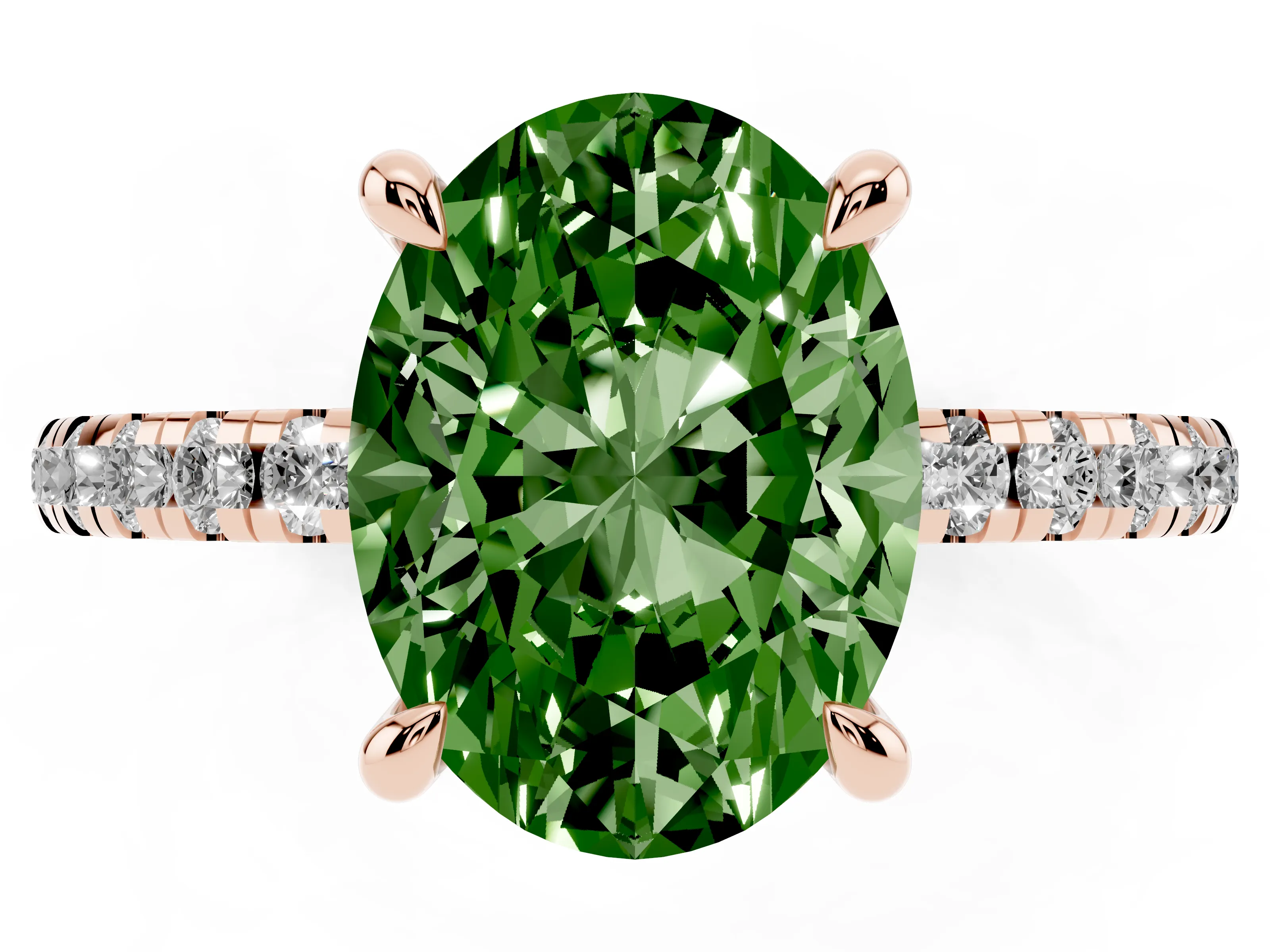 Fancy Green Oval Cut Diamond Brilliant Solitaire Ring Set in Rose gold with Pavé Band and Prong Setting