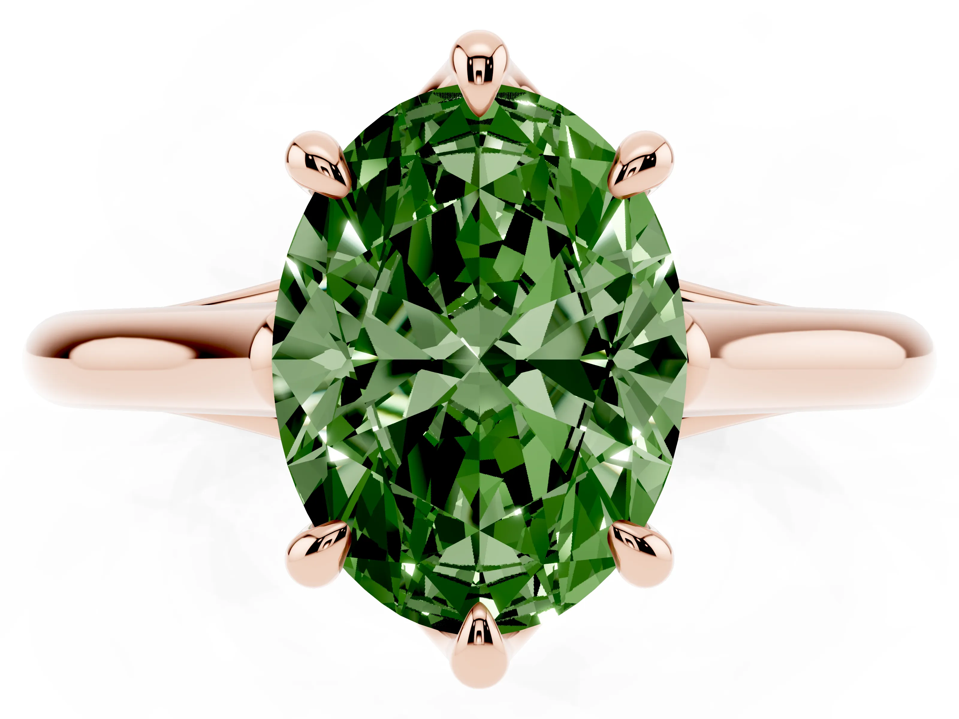 Fancy Green Oval Cut Diamond Solitaire Engagement Ring Set in Rose gold with Prong Setting and Plain Classic Band