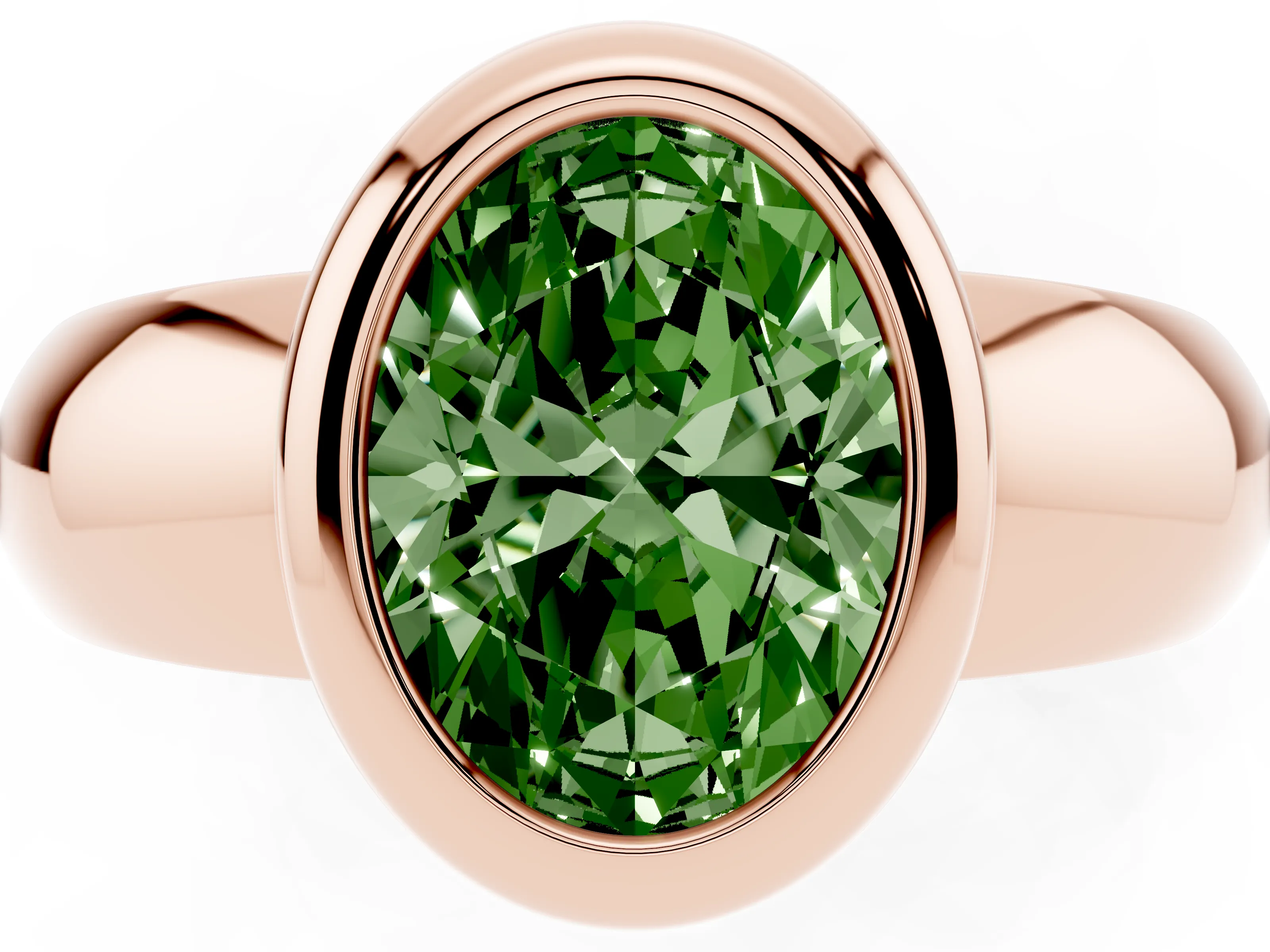 Fancy Green Bezel Set Oval Cut Diamond Solitaire Ring Set in Rose gold with Wide Band