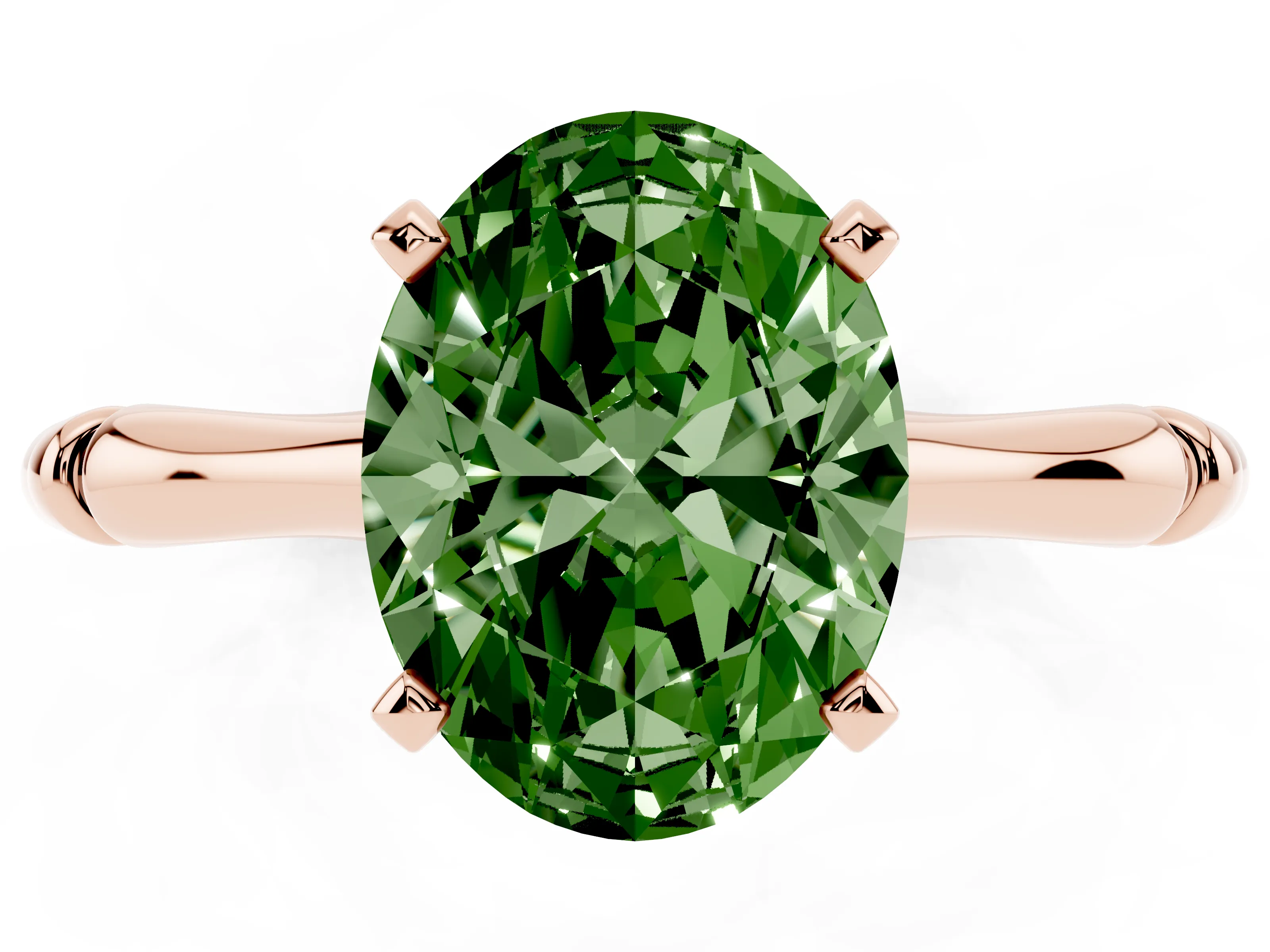 Fancy Green Oval Cut Diamond Solitaire Ring Set in Rose gold with Bamboo Band and Prong Setting
