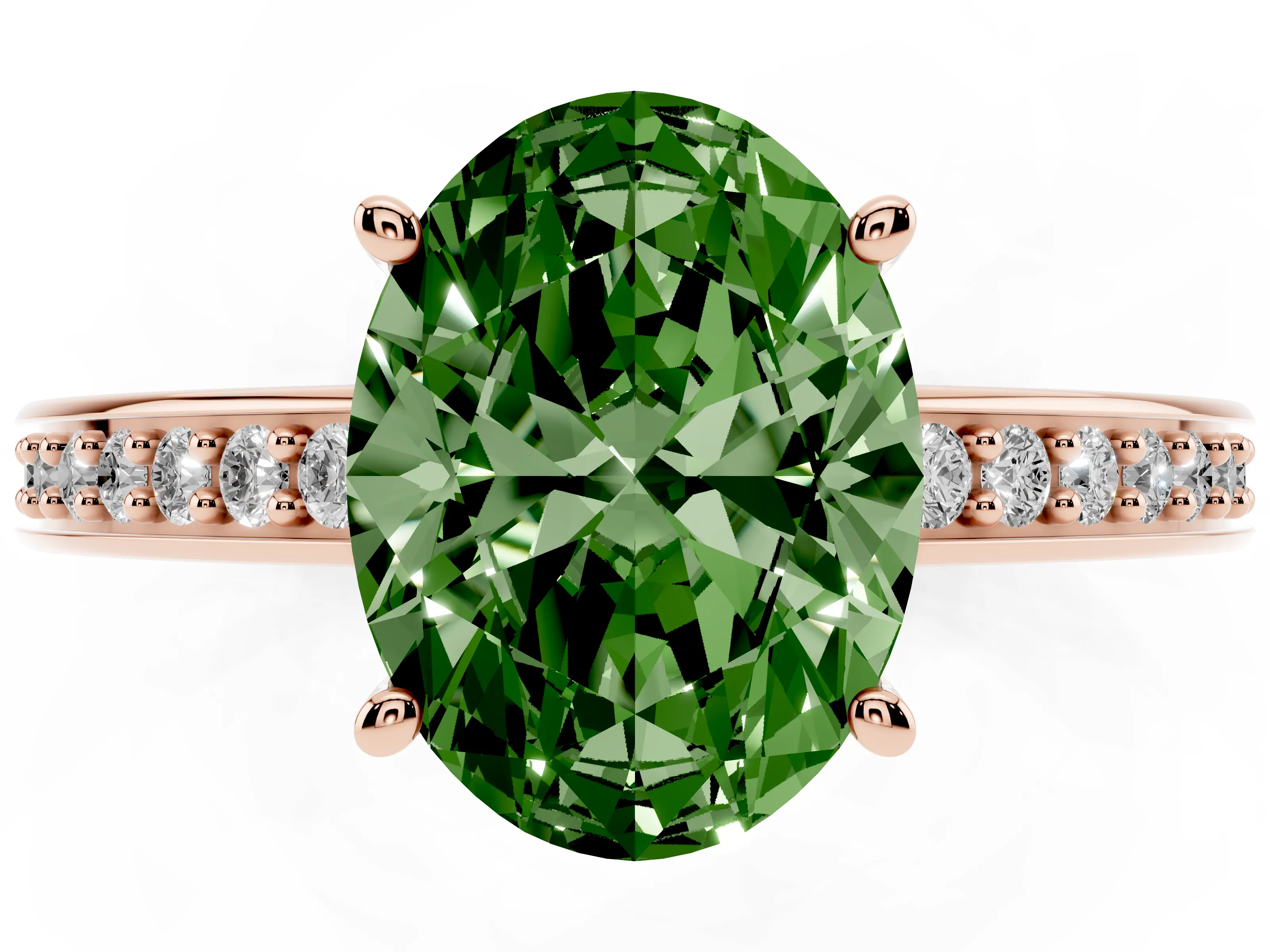 Fancy Green Oval Cut Diamond Pavé Band Prong Set Solitaire Ring Set in Rose gold