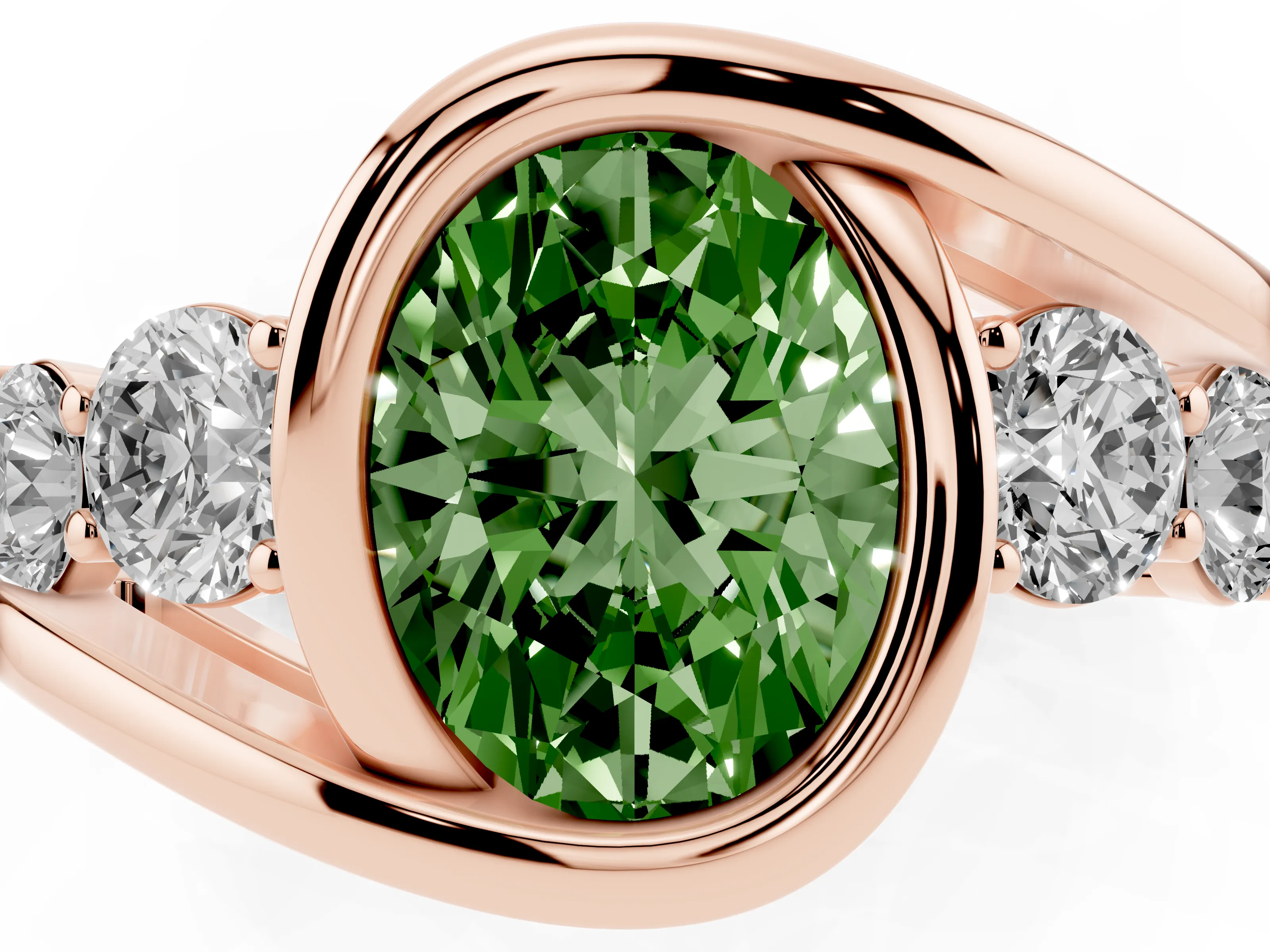 Fancy Green Oval Cut Diamond Bezel Bypass Ring Set in Rose gold with Round Accents