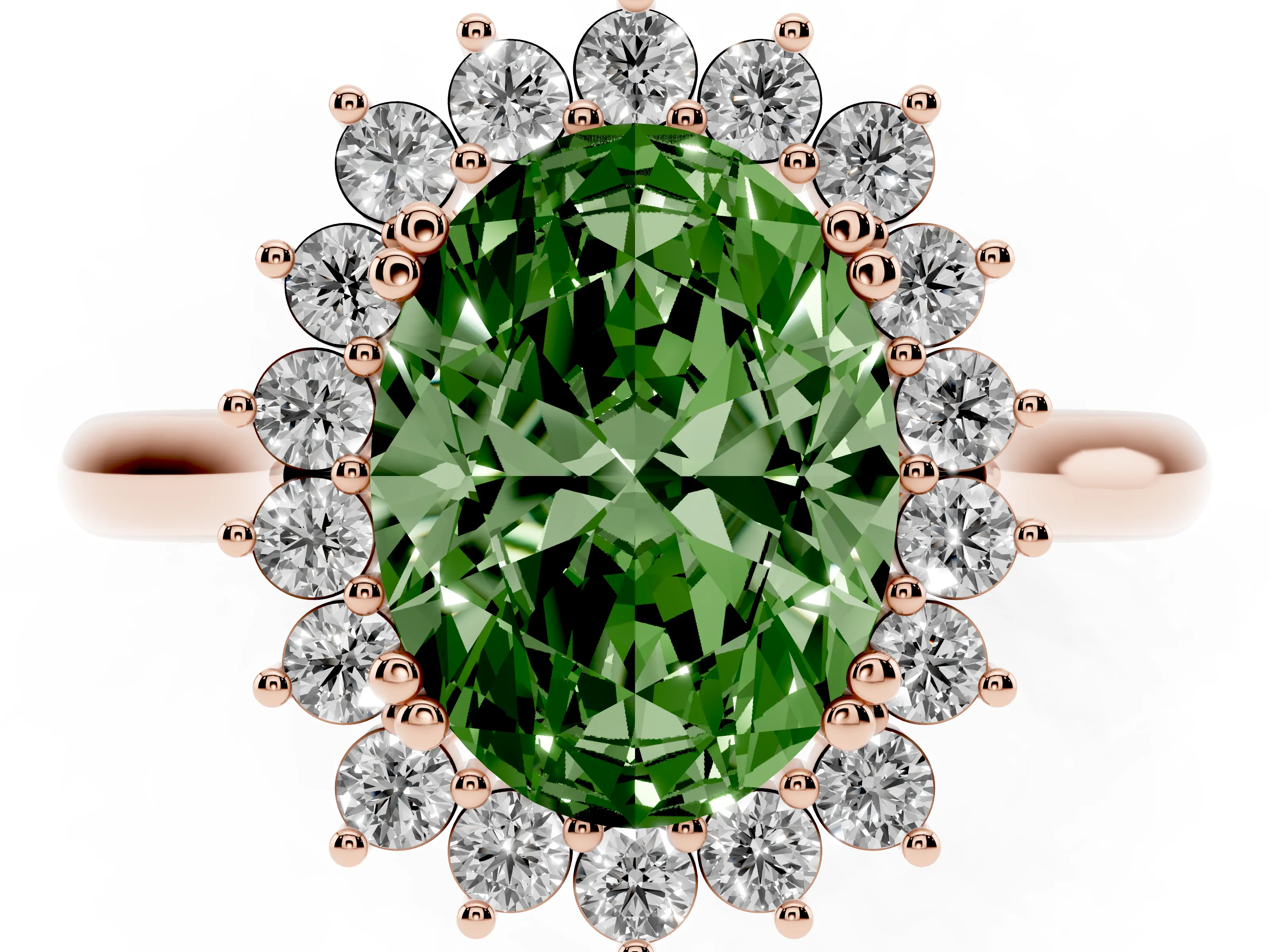 Fancy Green Oval Cut Diamond Halo Ring Set in Rose gold with Plain Solitaire Band and Prong Setting