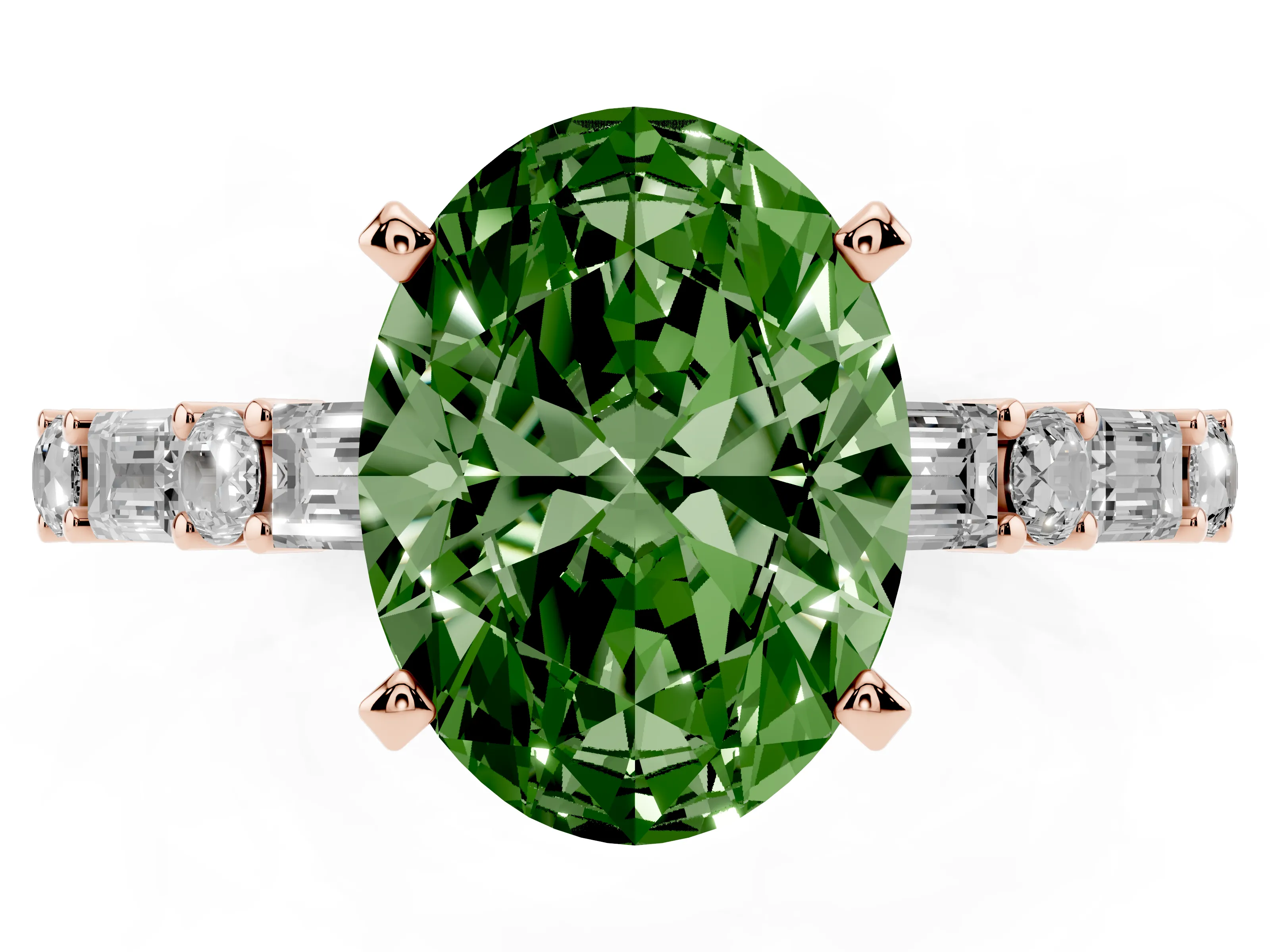 Fancy Green Oval Cut Diamond Solitaire Set in Rose gold with Side Baguettes and Channel Set Band