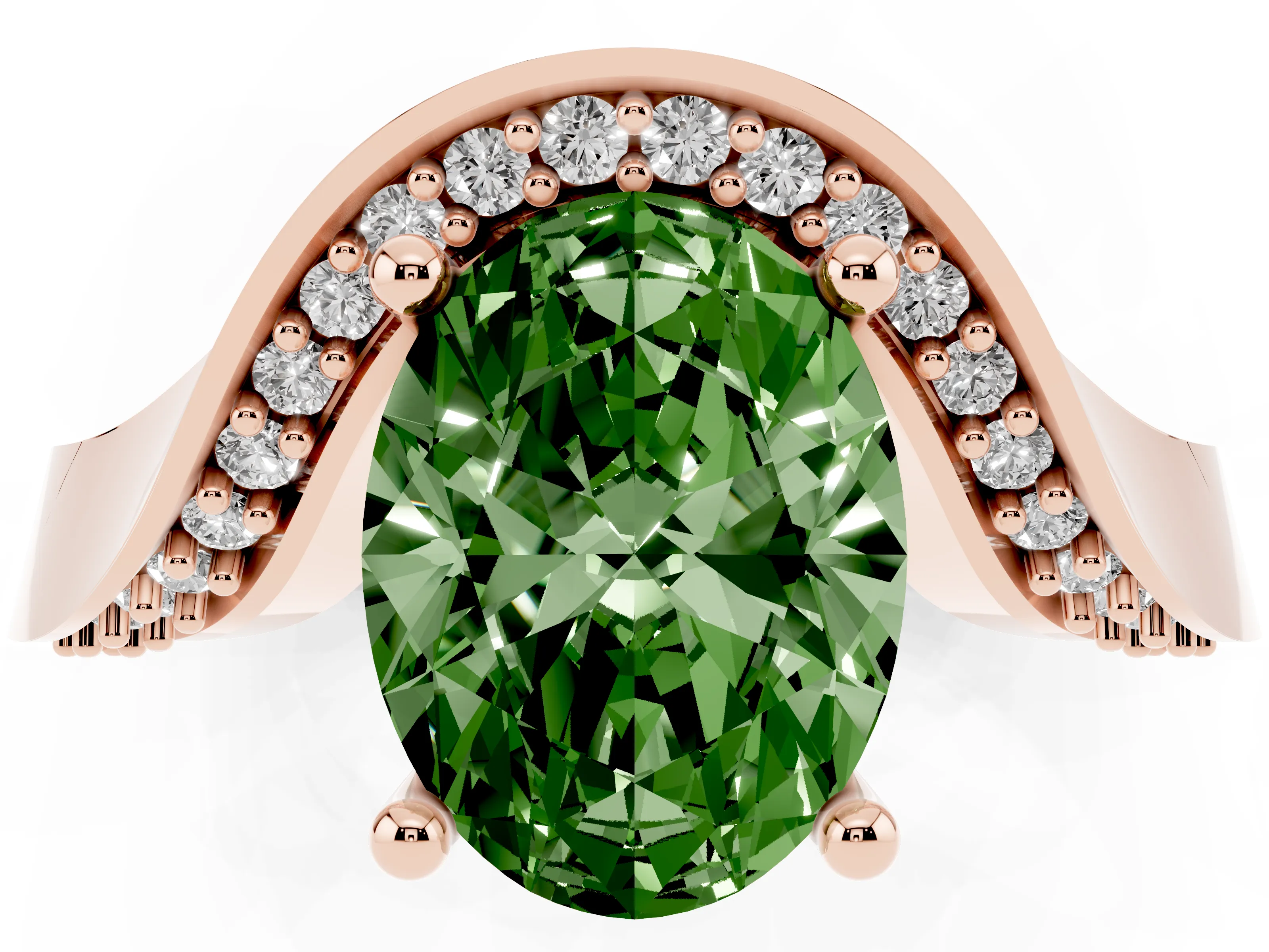 Fancy Green Oval Cut Diamond Solitaire Engagement Ring Set in Rose gold with Pavé Shoulders