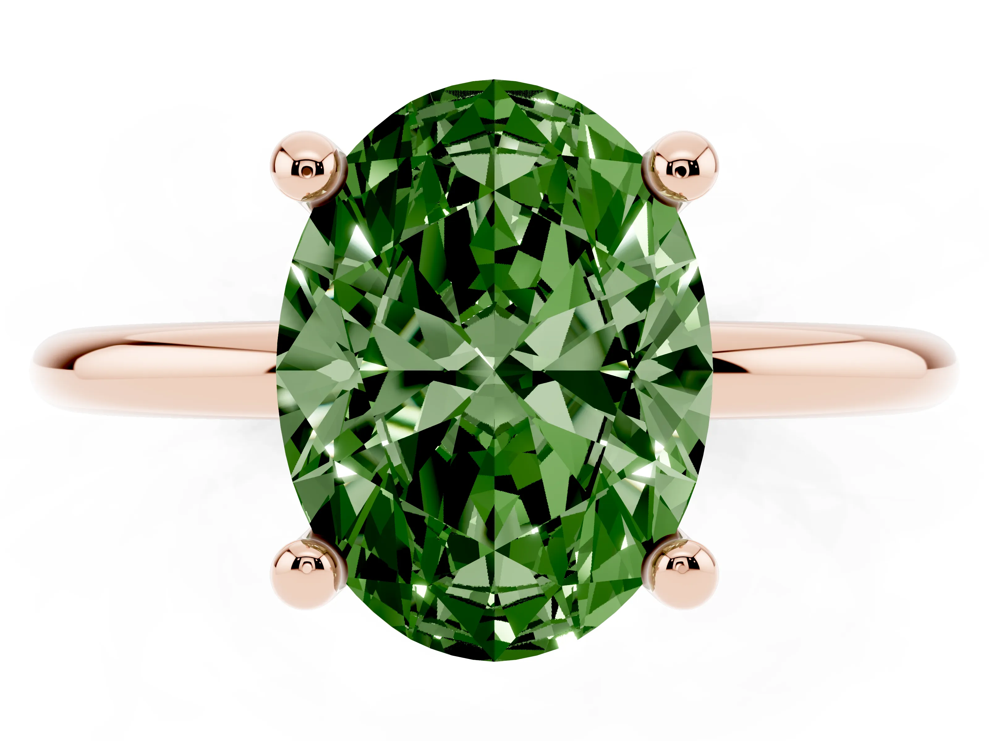 Fancy Green Oval Cut Diamond Solitaire Ring Set in Rose gold with Secure Prong Setting on a Classic Band