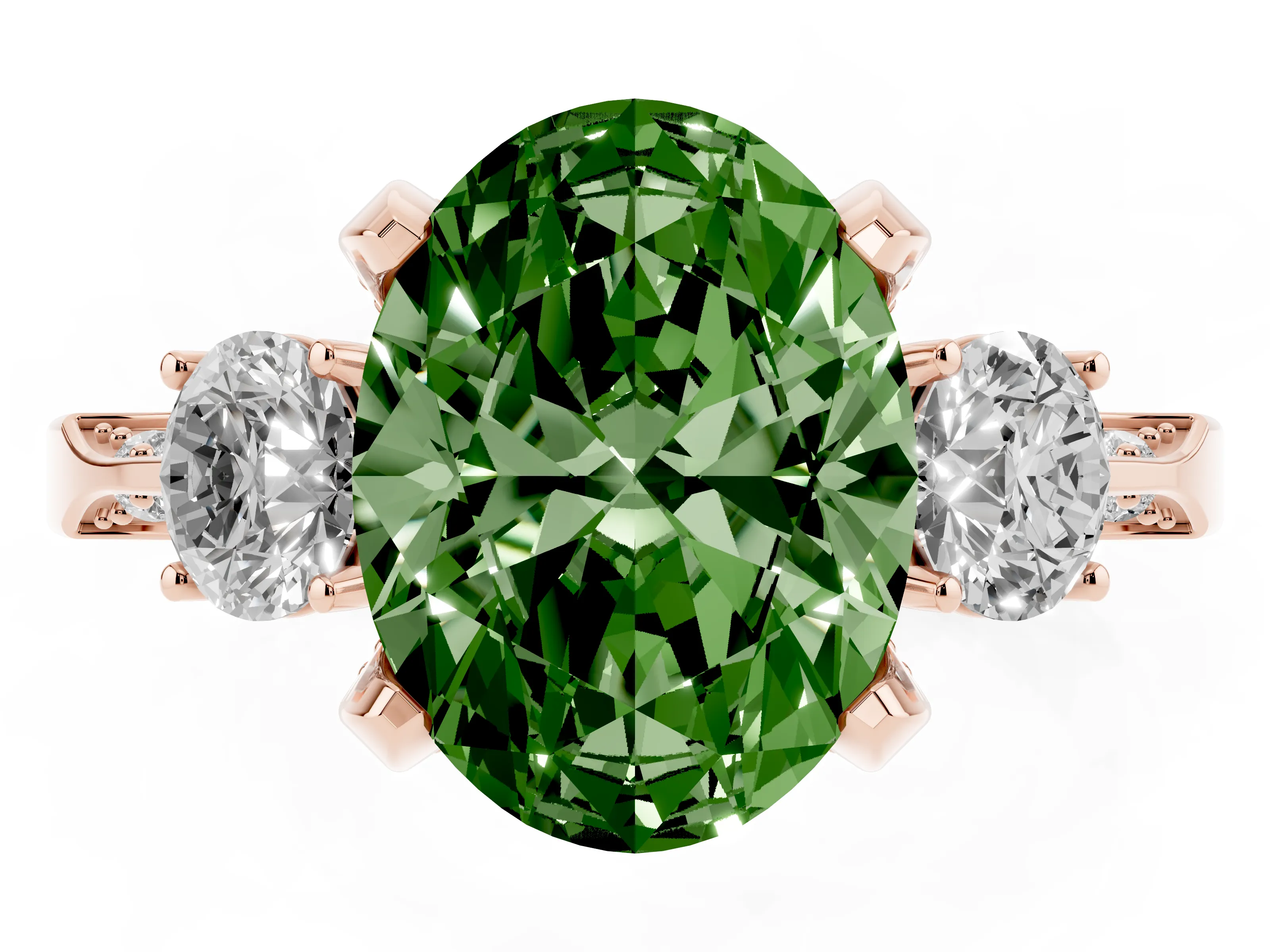 Fancy Green Oval Cut Diamond Three-Stone Ring Set in Rose gold with Pavé Band and Smaller Side Stones